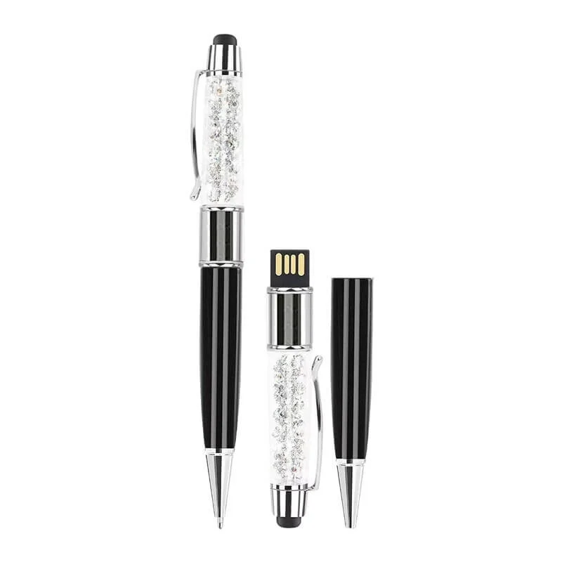 2-in-1 crystal USB pen drive: ballpoint pen, USB flash drive and stylus exploded view