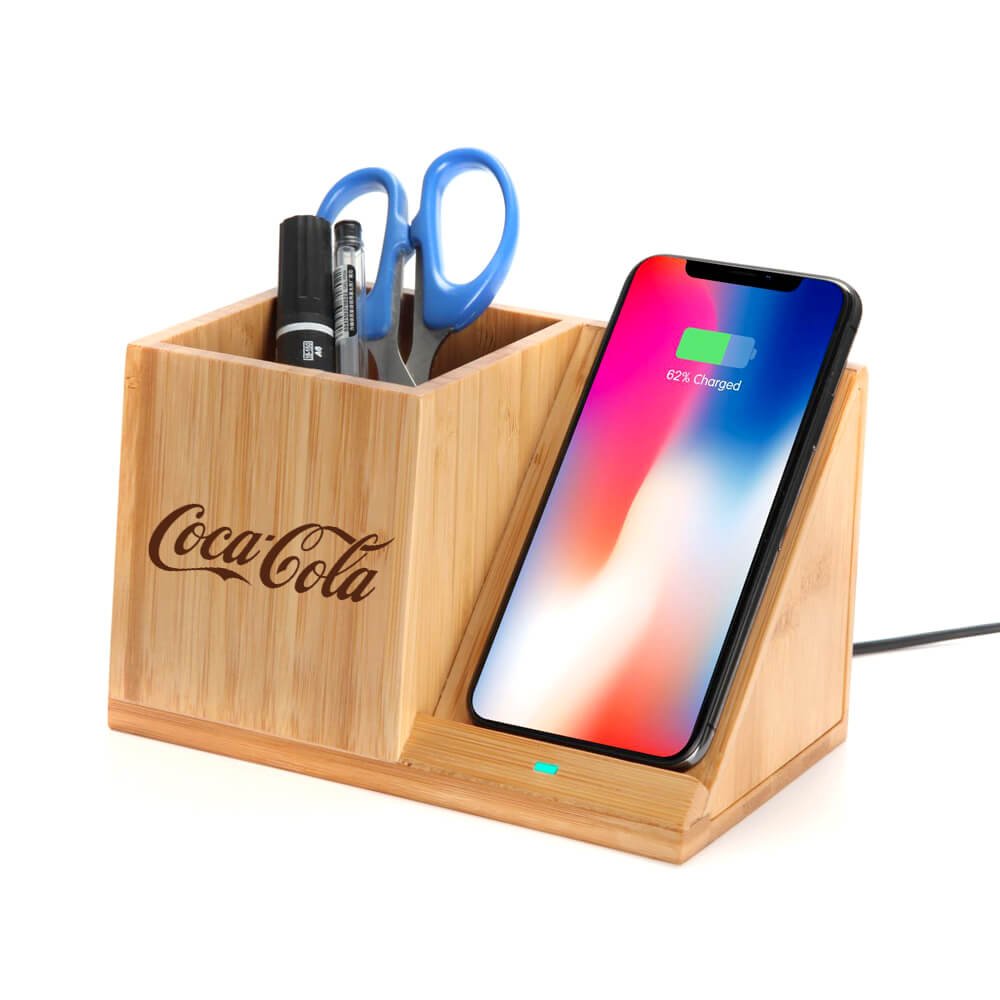 Coca-Cola engraved bamboo desk organizer with wireless phone charging function