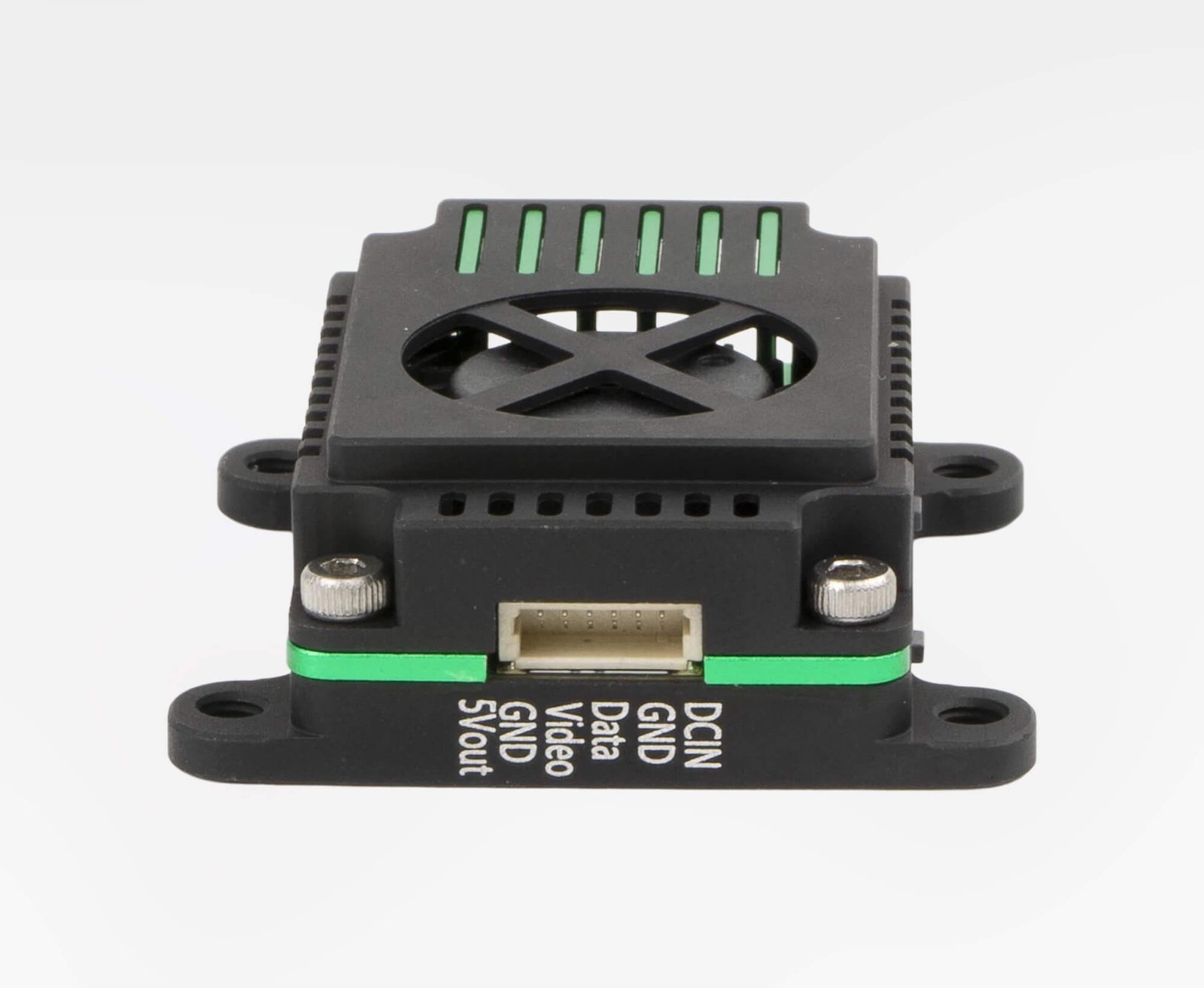 5W-3.3G FPV VTX Module with DCINVideoData Ports, Cooling Fan, and Green Trim