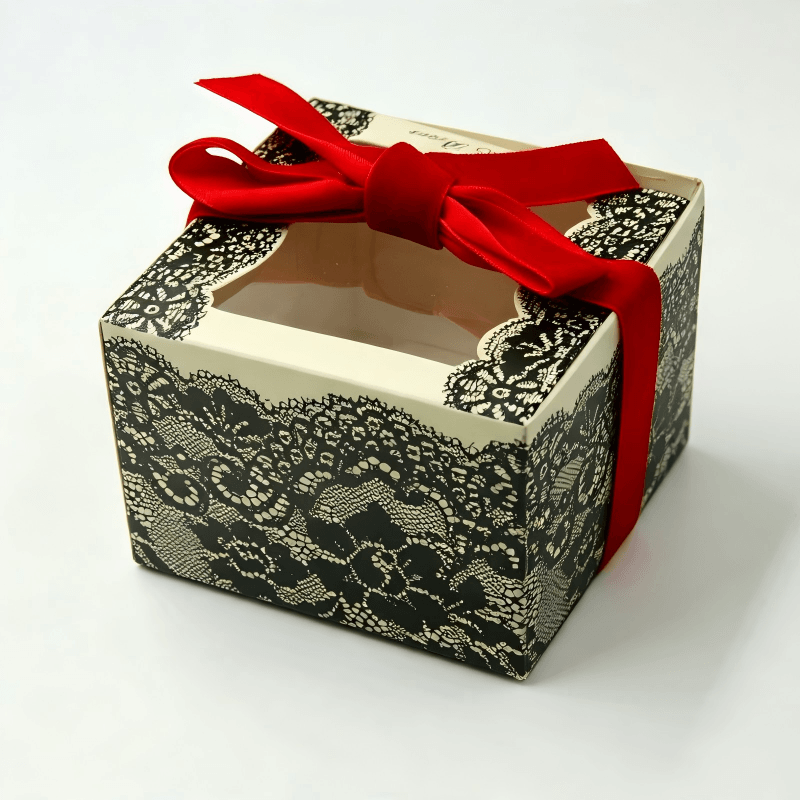 Black Lace Print Window Gift Box with Red Ribbon Bow
