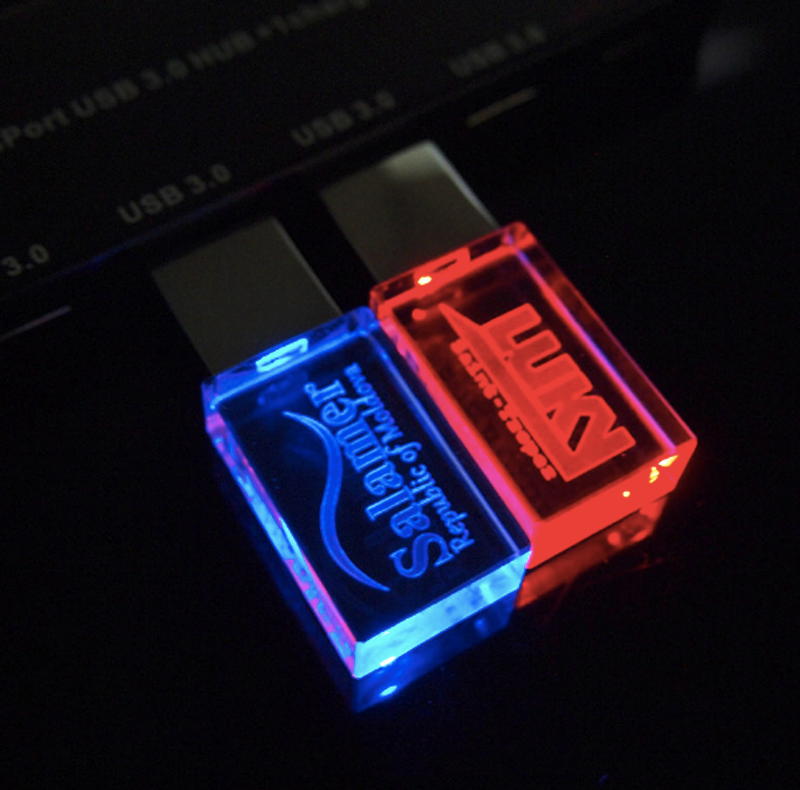 Crystal USB flash drive pre-production sample with LED light for quality inspection