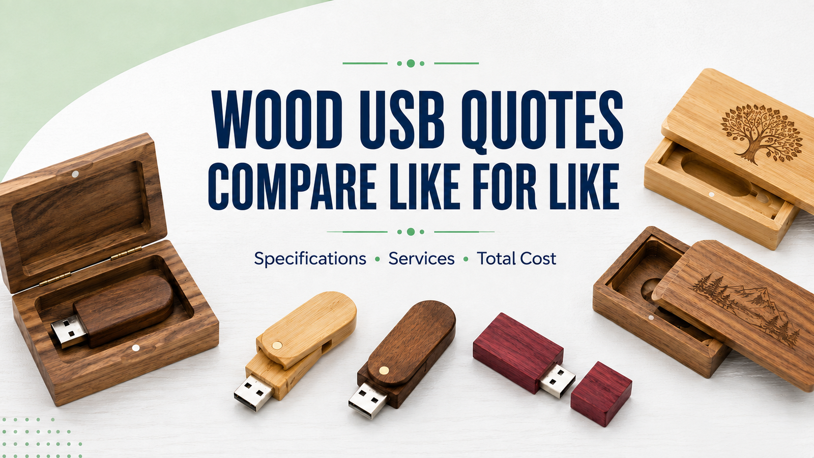 Wood USB quotes comparison guide with wooden flash drives and presentation boxes