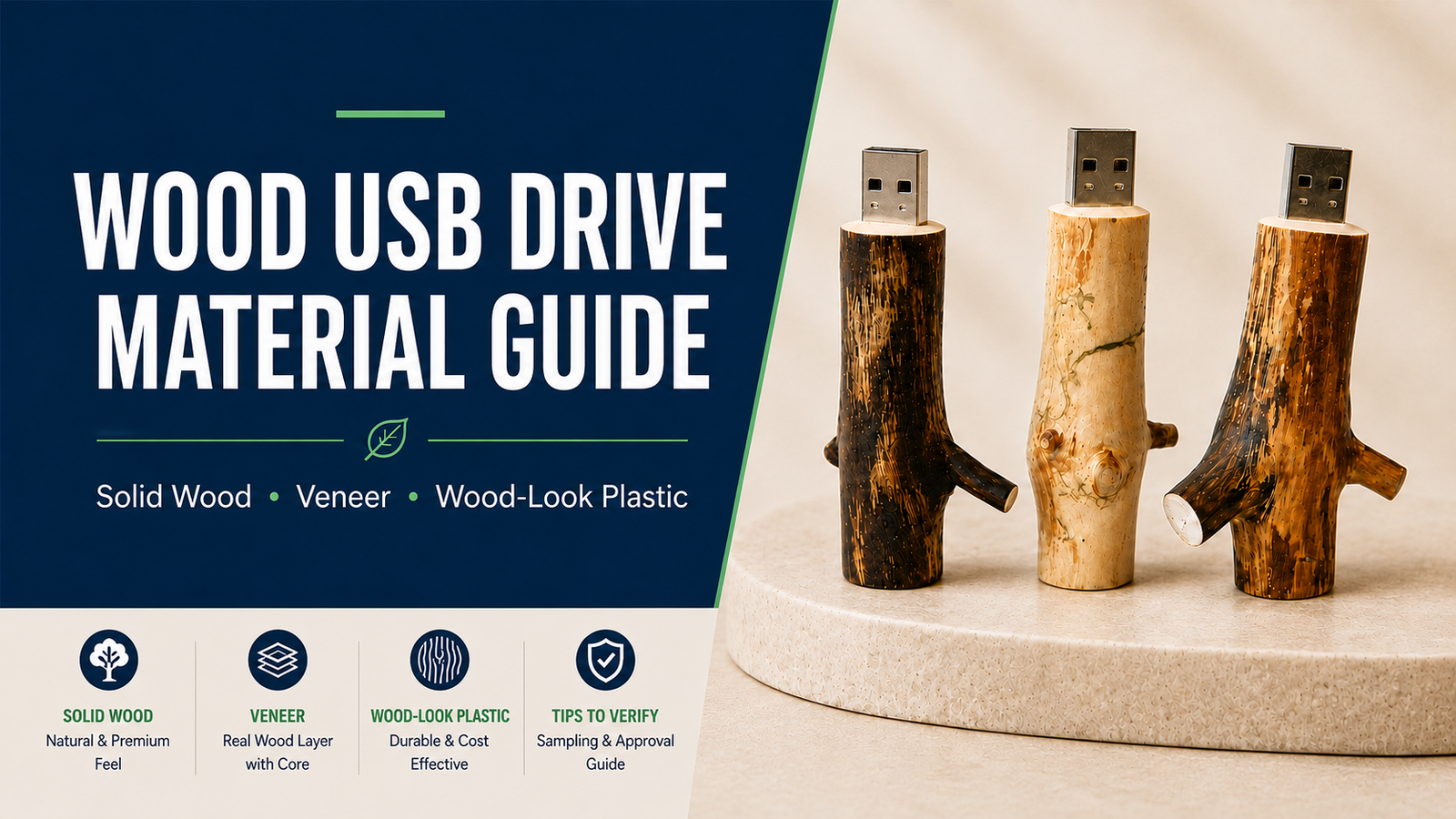 Wood USB drive material guide featuring solid wood product designs