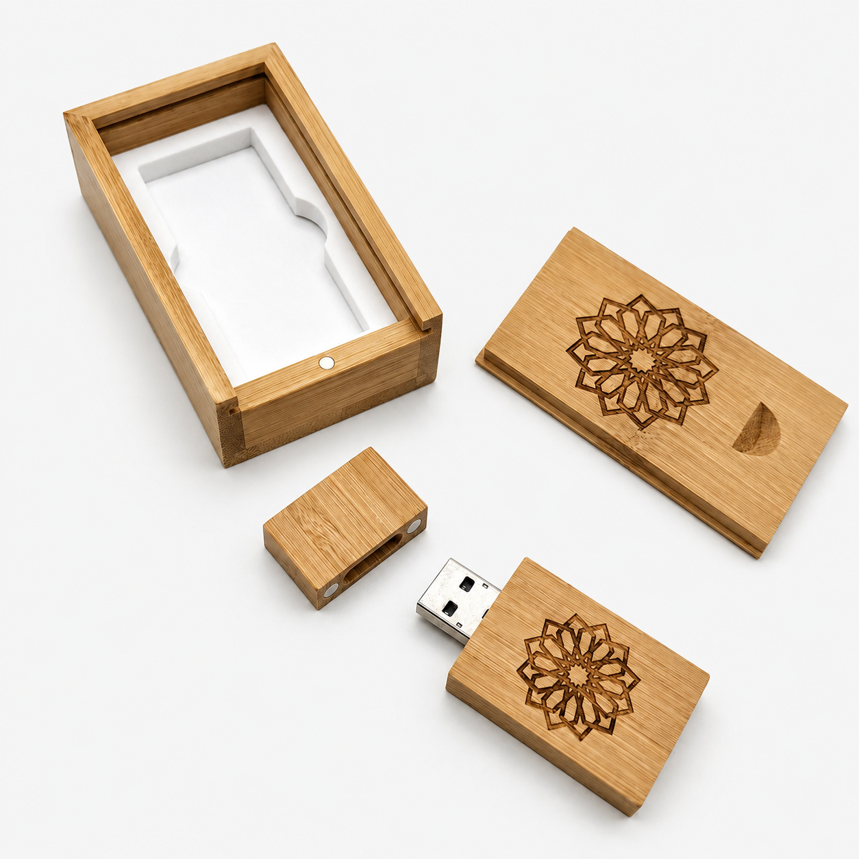 Bamboo USB drive and engraved box with protective insert