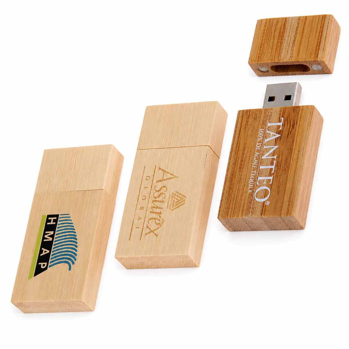 Branded bamboo USB drives showing printed and engraved logo options