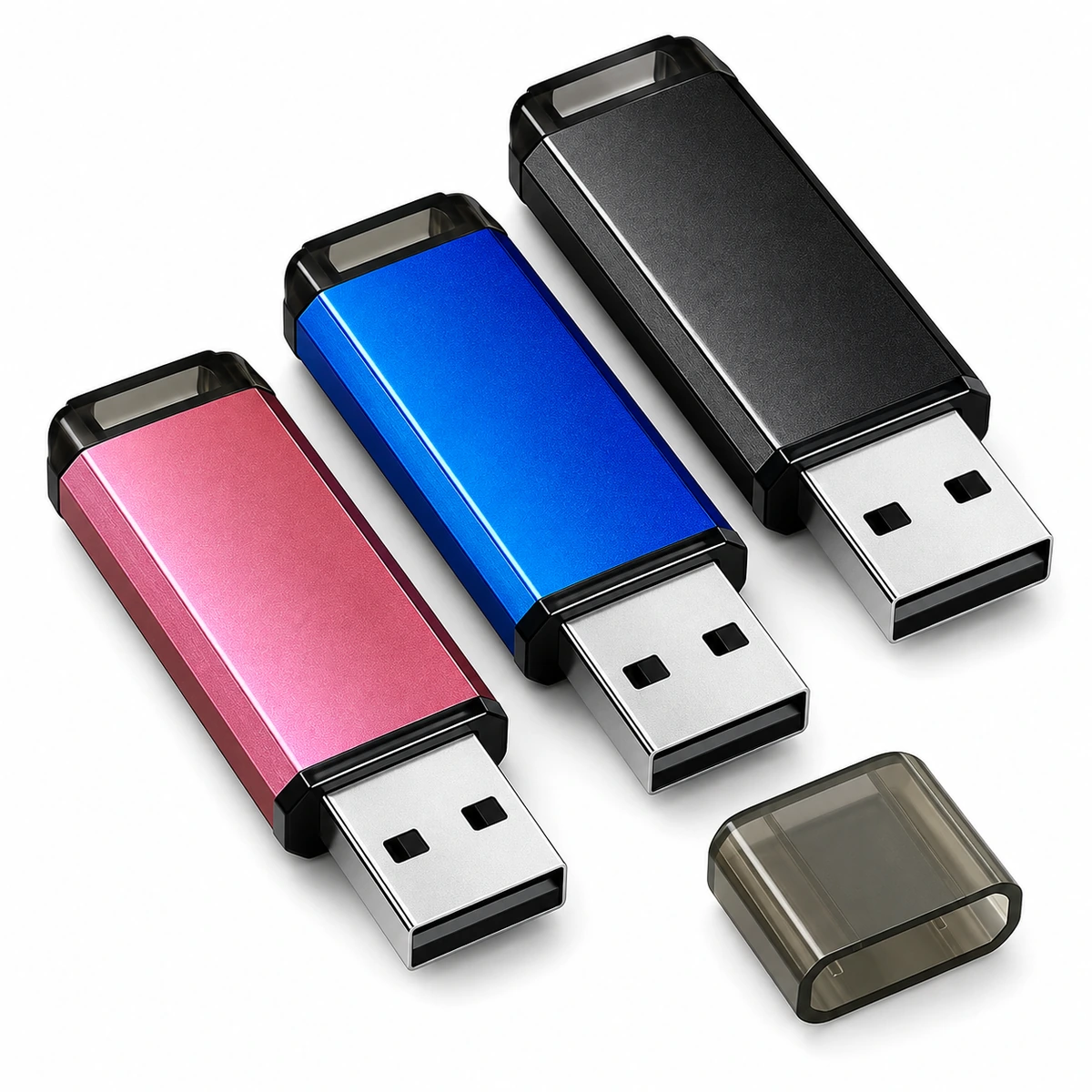 Pinke, blaue und schwarze USB-Sticks mit transluzenter Kappe Pinke, blaue und schwarze USB-Sticks mit transluzenter Kappe