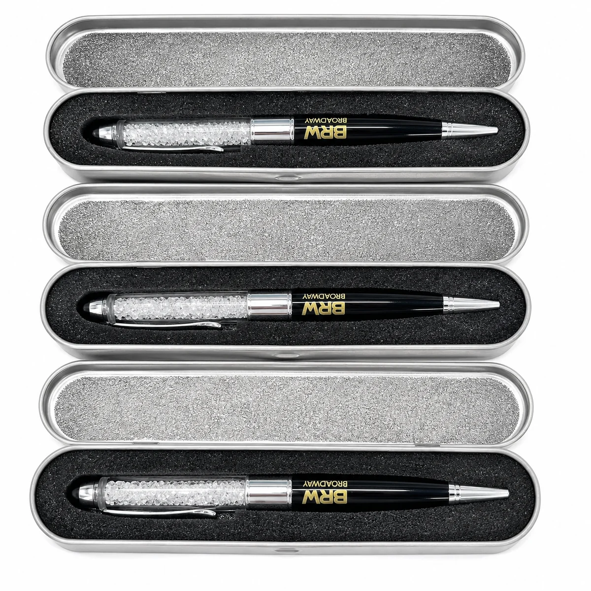 Custom crystal stylus USB pens displayed in fitted metal presentation tins