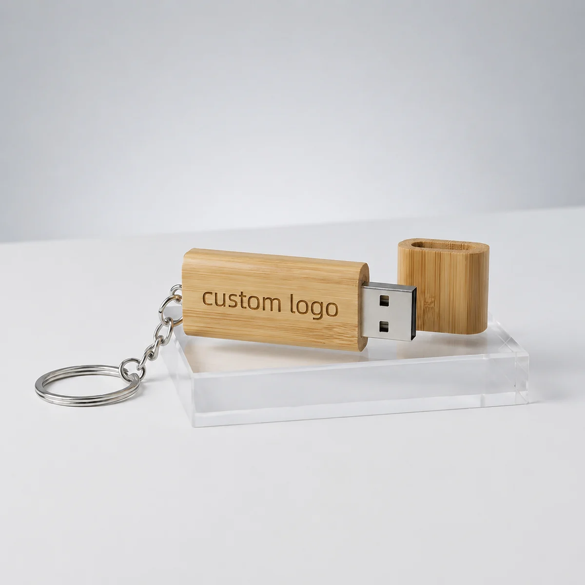 Custom bamboo USB drive with engraved logo and keyring