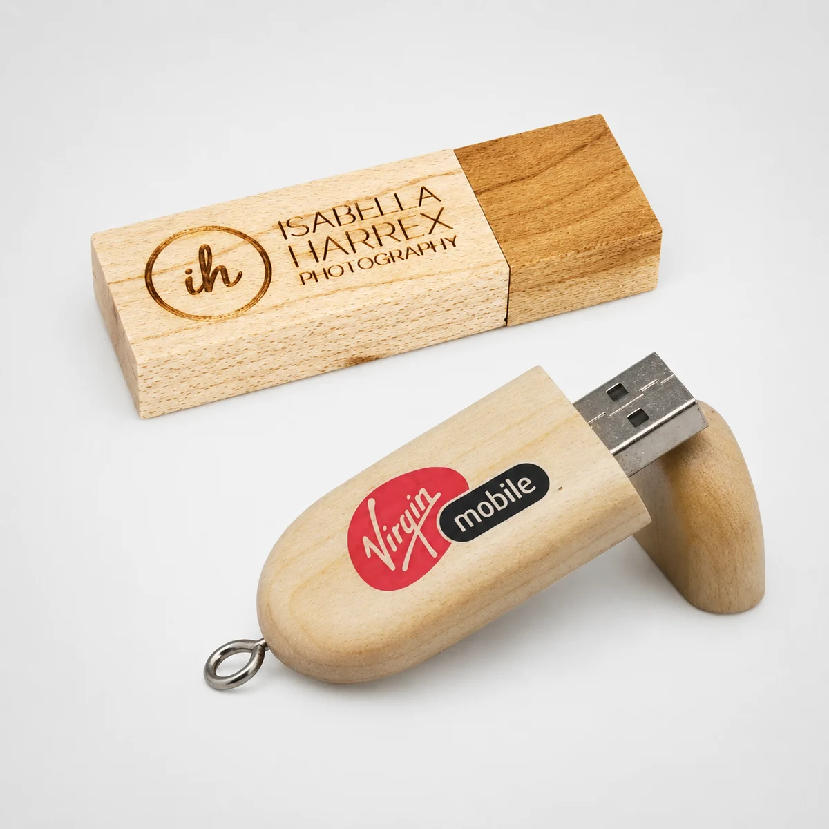 Custom branded solid wood USB drives with engraved and printed logos