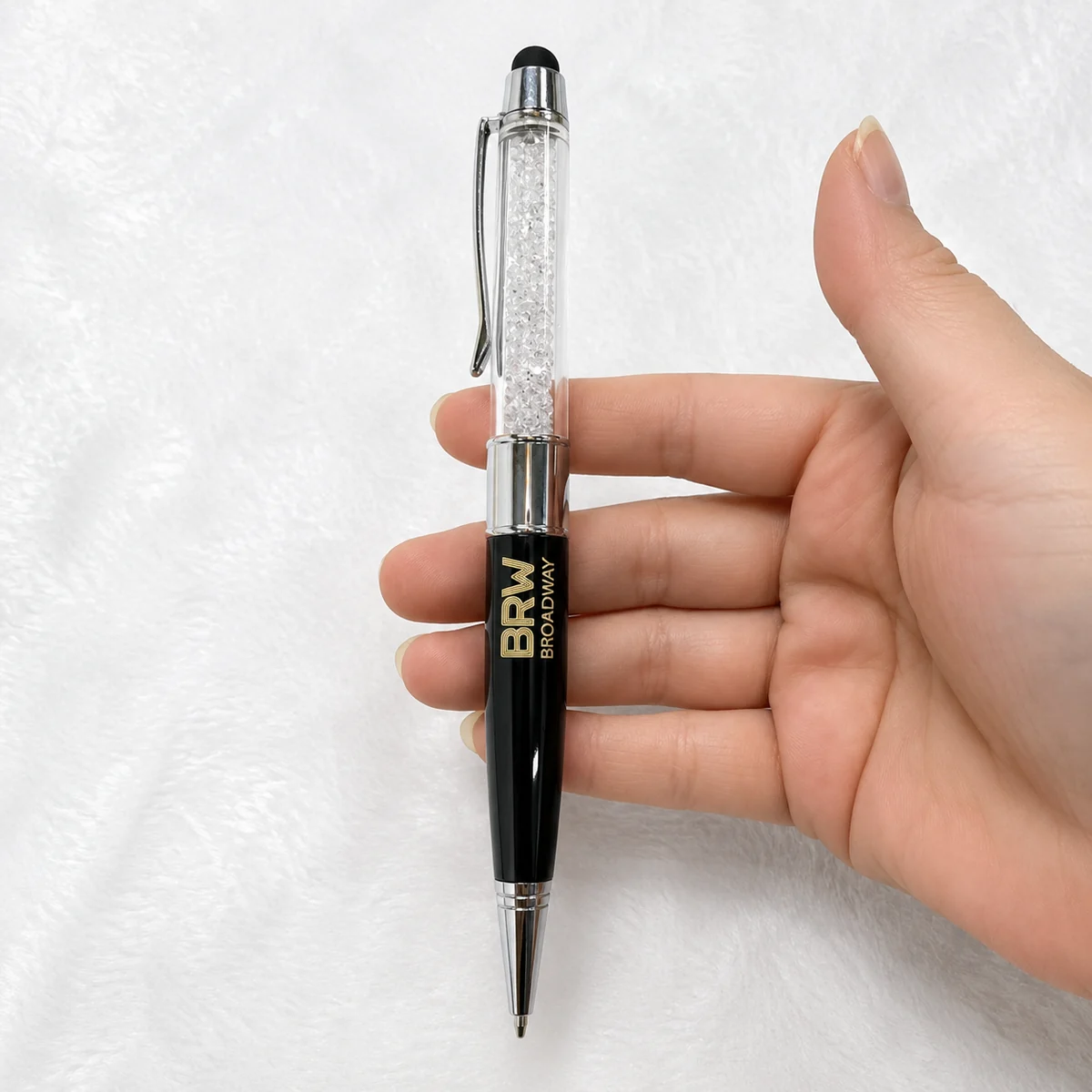 Custom crystal stylus USB pen with gold BRW Broadway logo branding