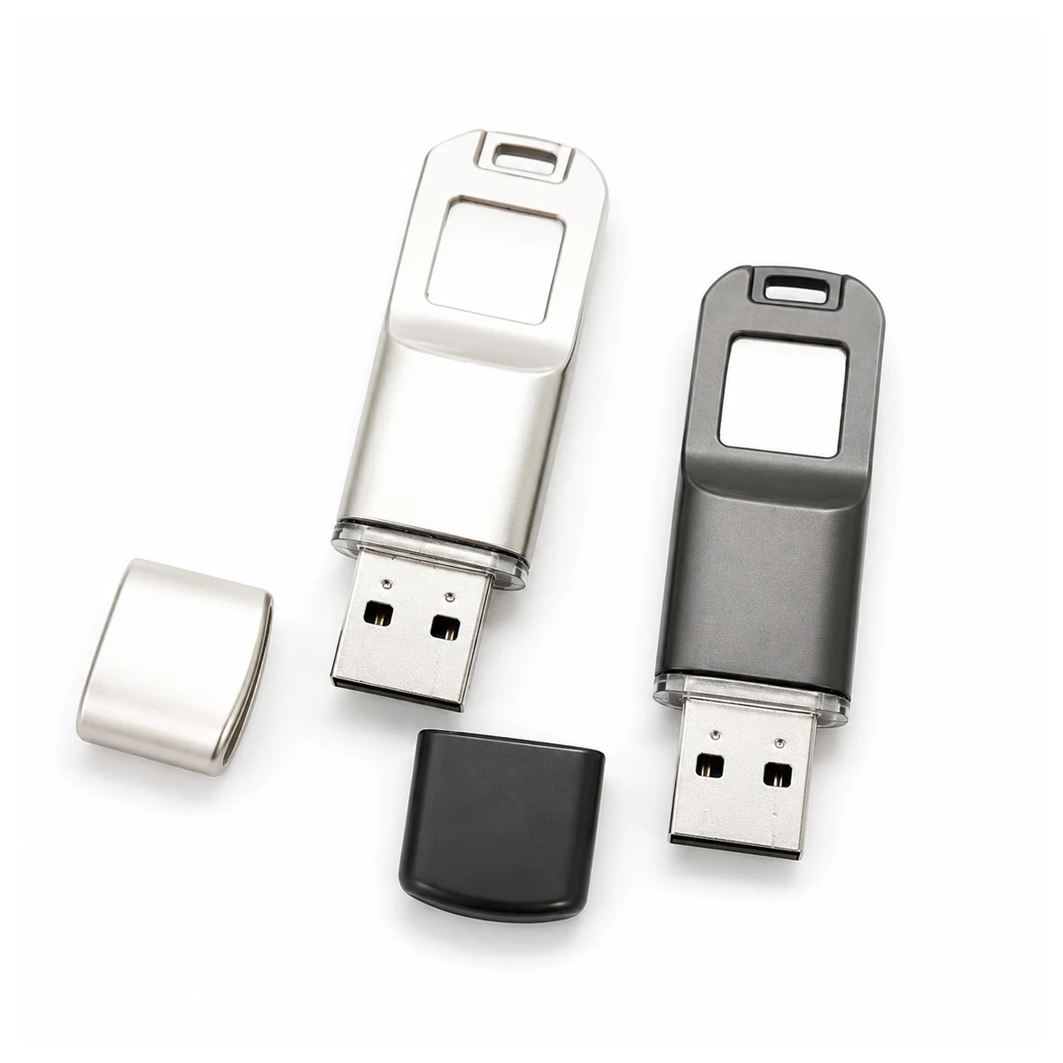 silver and dark gray fingerprint USB flash drives