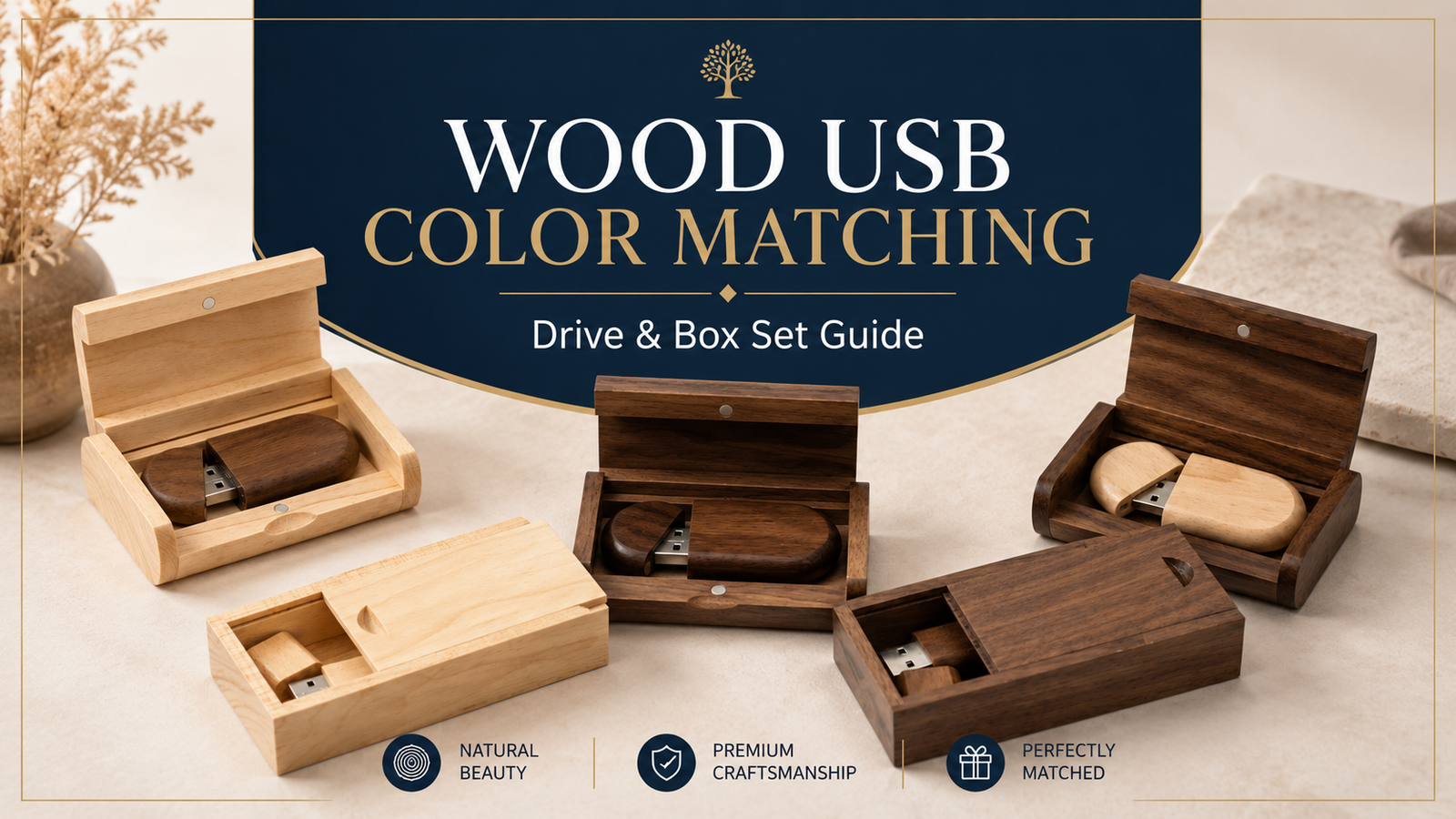 Wood USB set color matching guide with light and dark wooden drives and presentation boxes