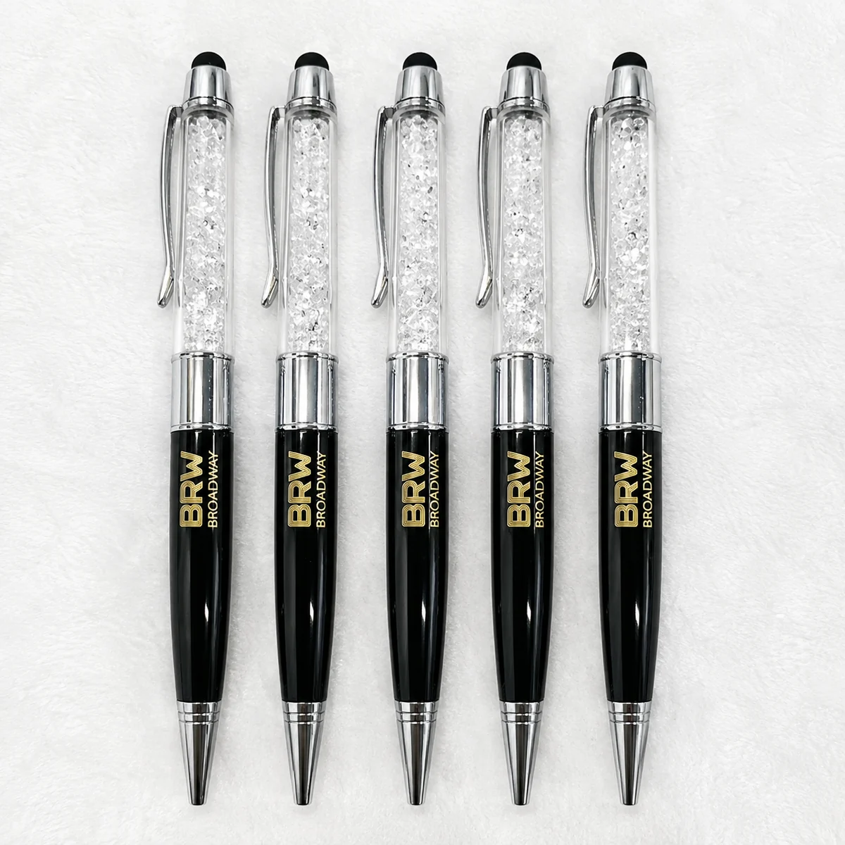 Set of five black crystal stylus USB pens with gold logo branding