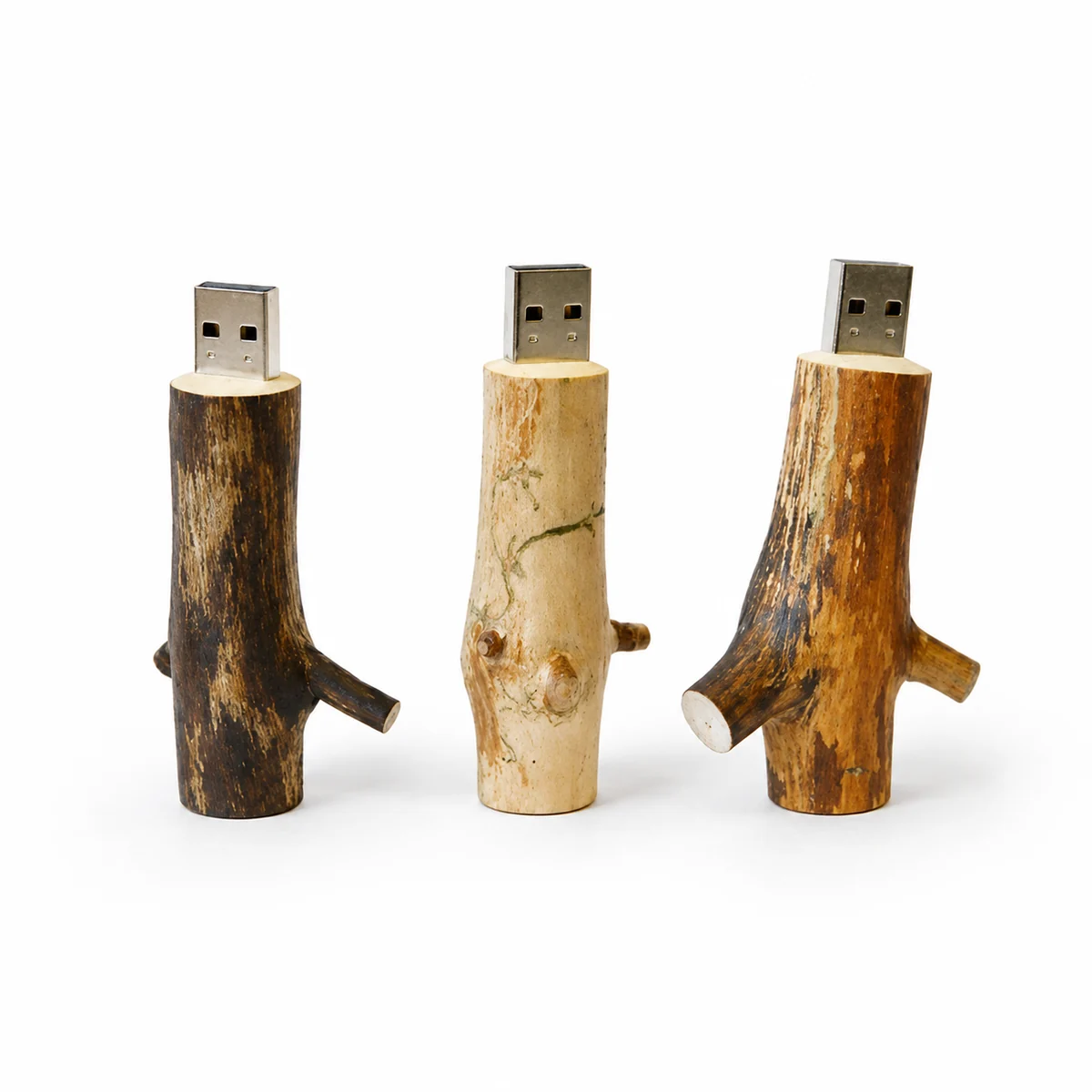 Natural branch wood USB drives showing solid timber construction