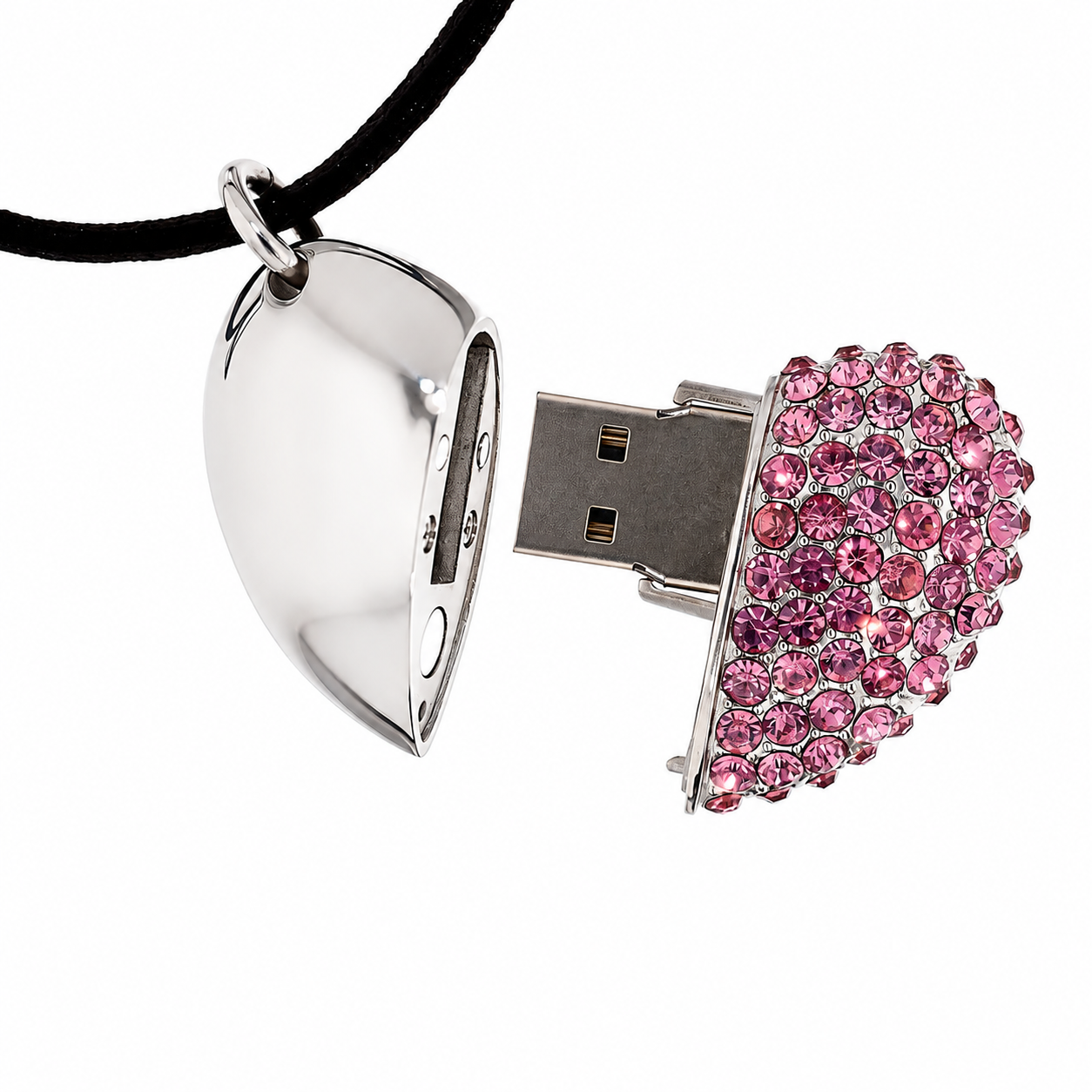 collana di chiavetta USB a forma di cuore rosa in cristallo aperta
