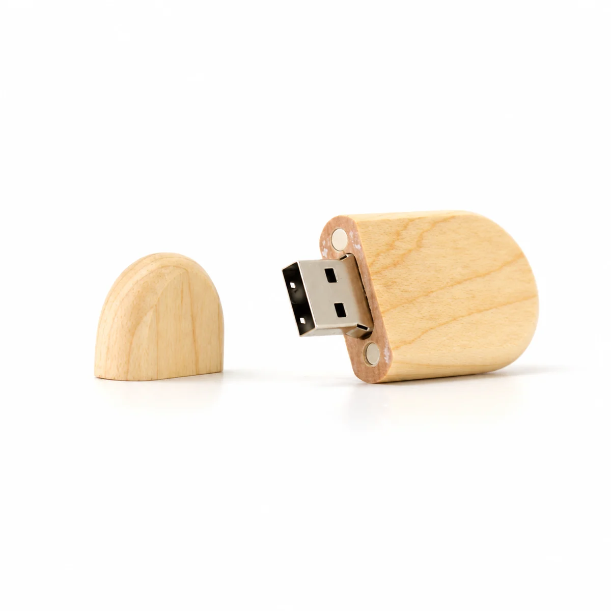 Solid wood USB drive casing showing natural grain and removable cap
