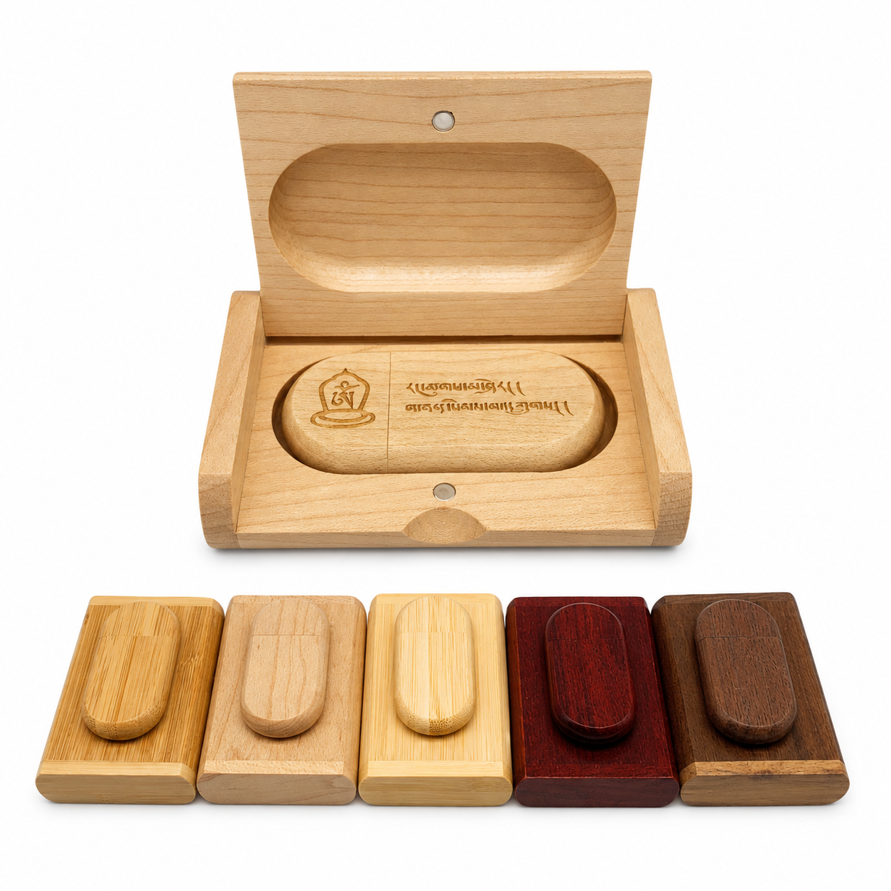 Complete wooden USB drive and presentation box sets in several tones