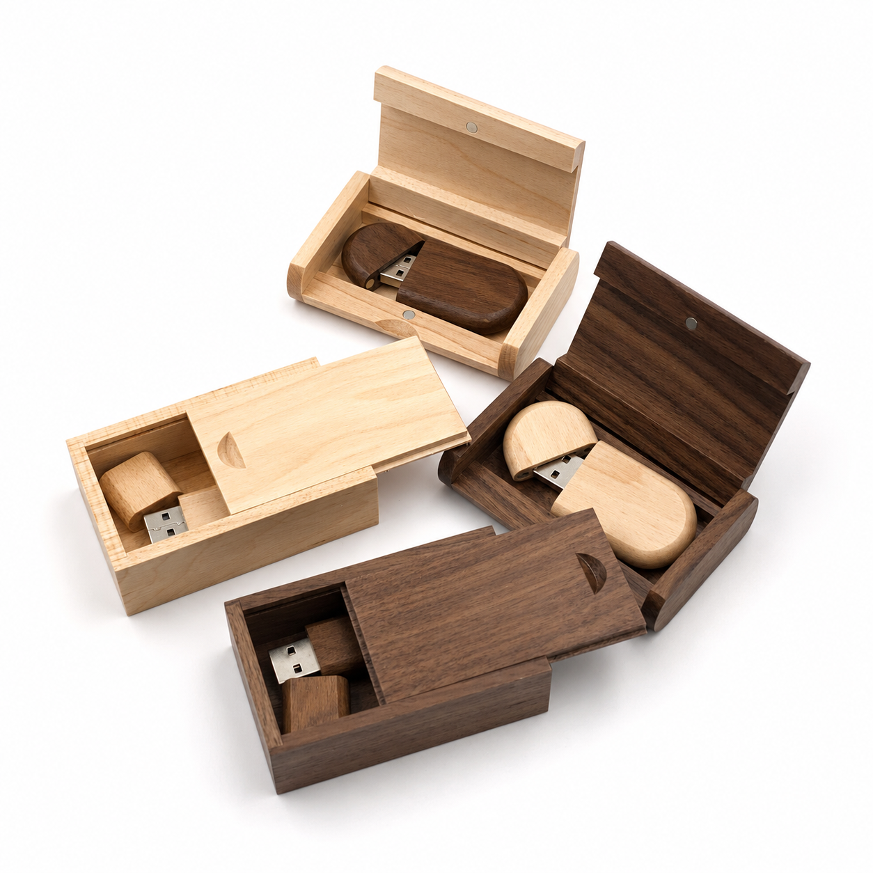 Light and dark wooden presentation boxes paired with USB drives