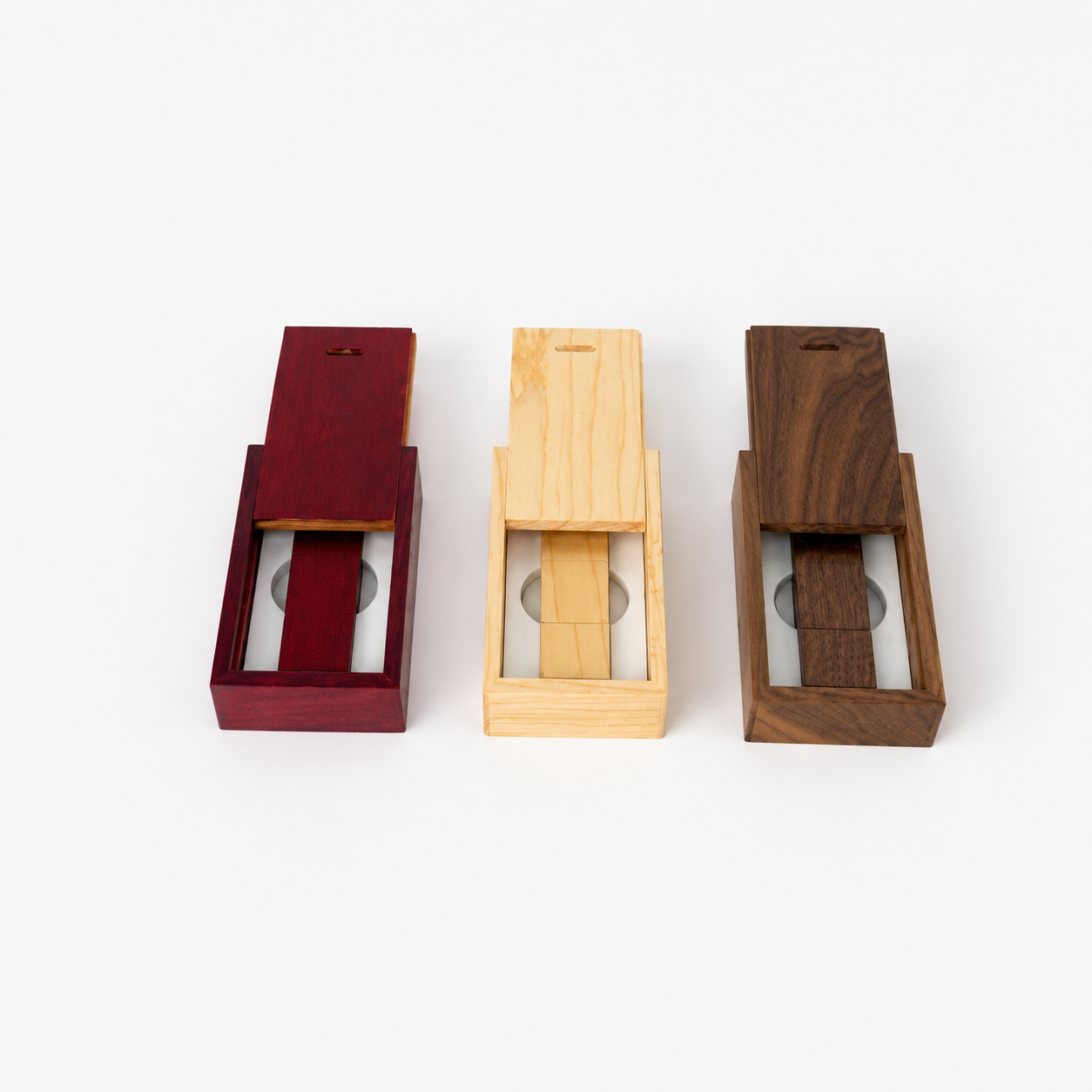 Red, natural and walnut wooden USB presentation box sets