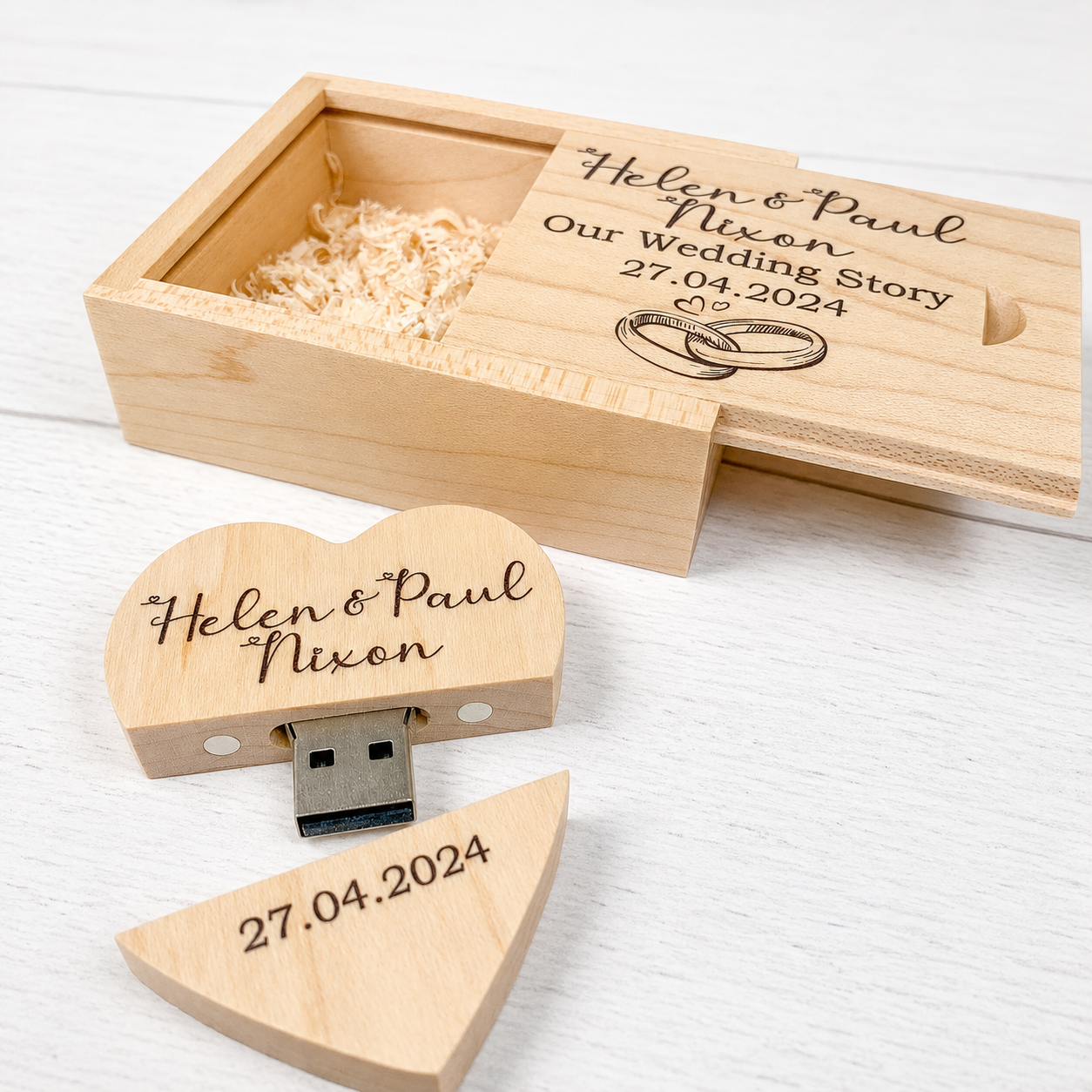 Personalized wooden USB drive with matching wooden presentation box