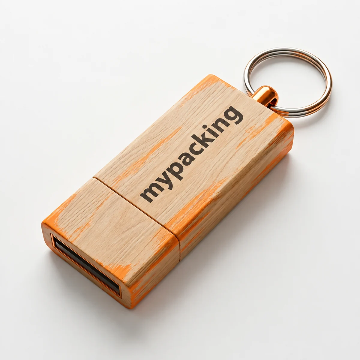 Wood-look plastic USB drive with printed grain finish and keyring