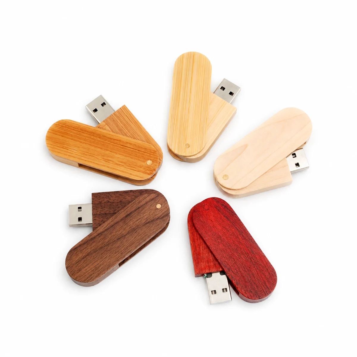 Wood USB drive casings in several grain colors for material comparison