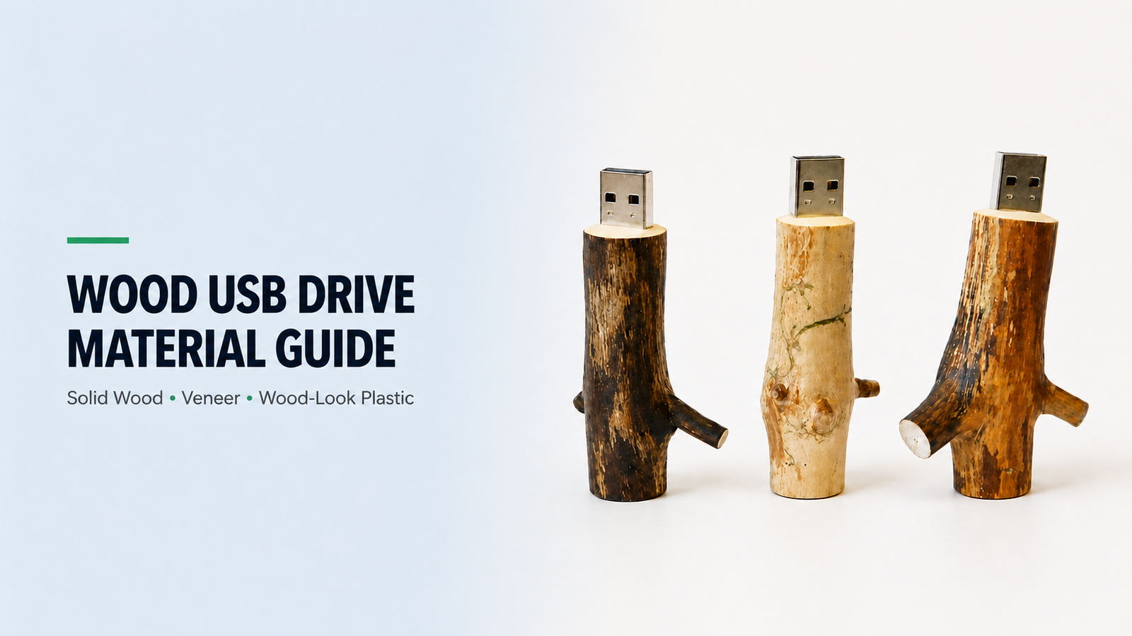 Wood USB drive material guide featuring solid wood product designs