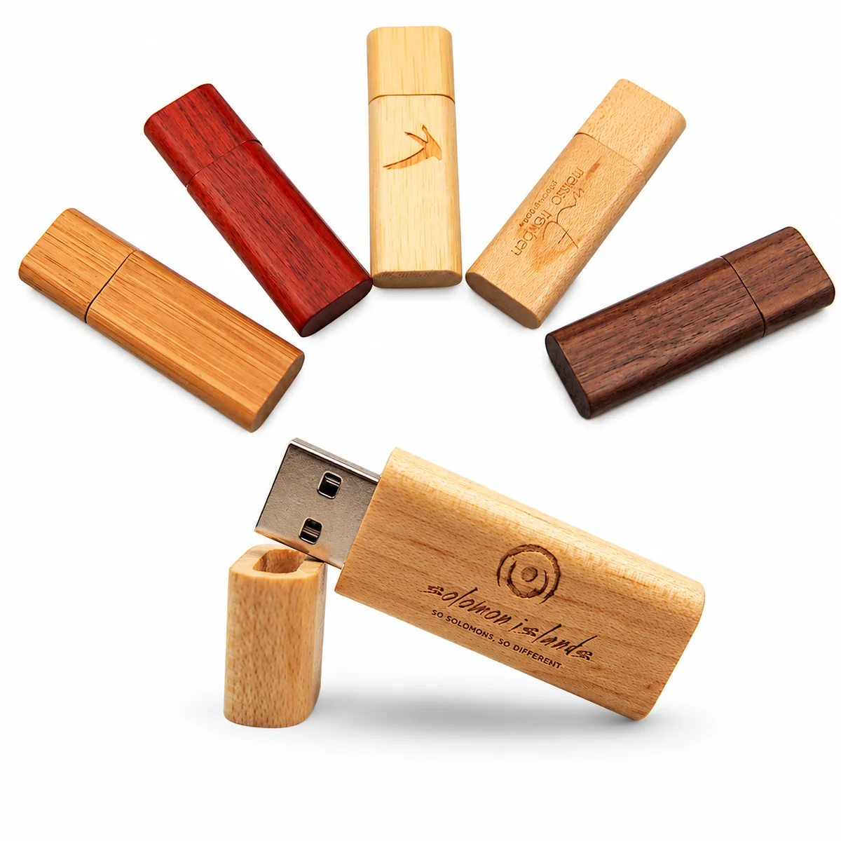 Wood USB drives in multiple species colors and natural finishes