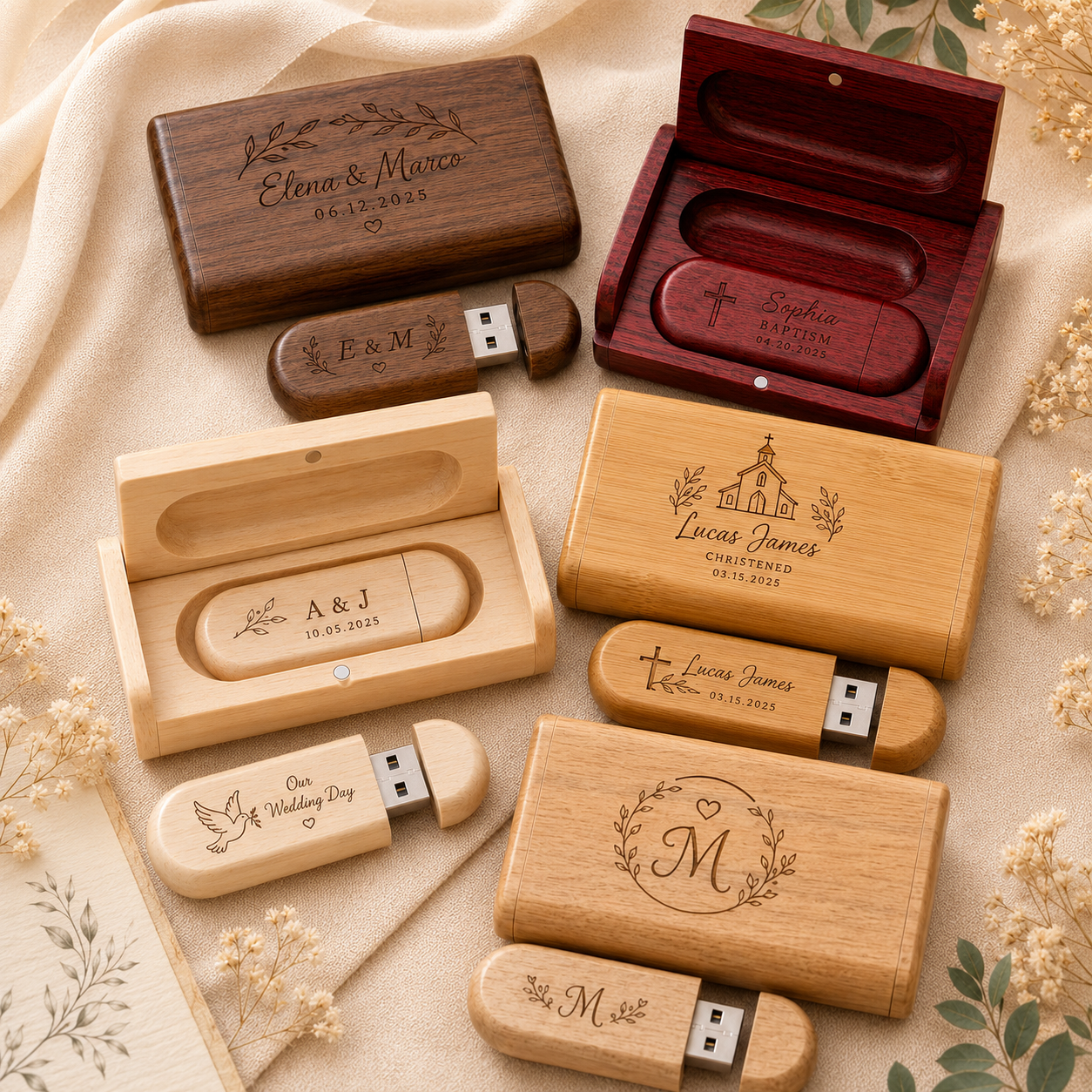 Personalized wooden USB drives and boxes in assorted wood finishes