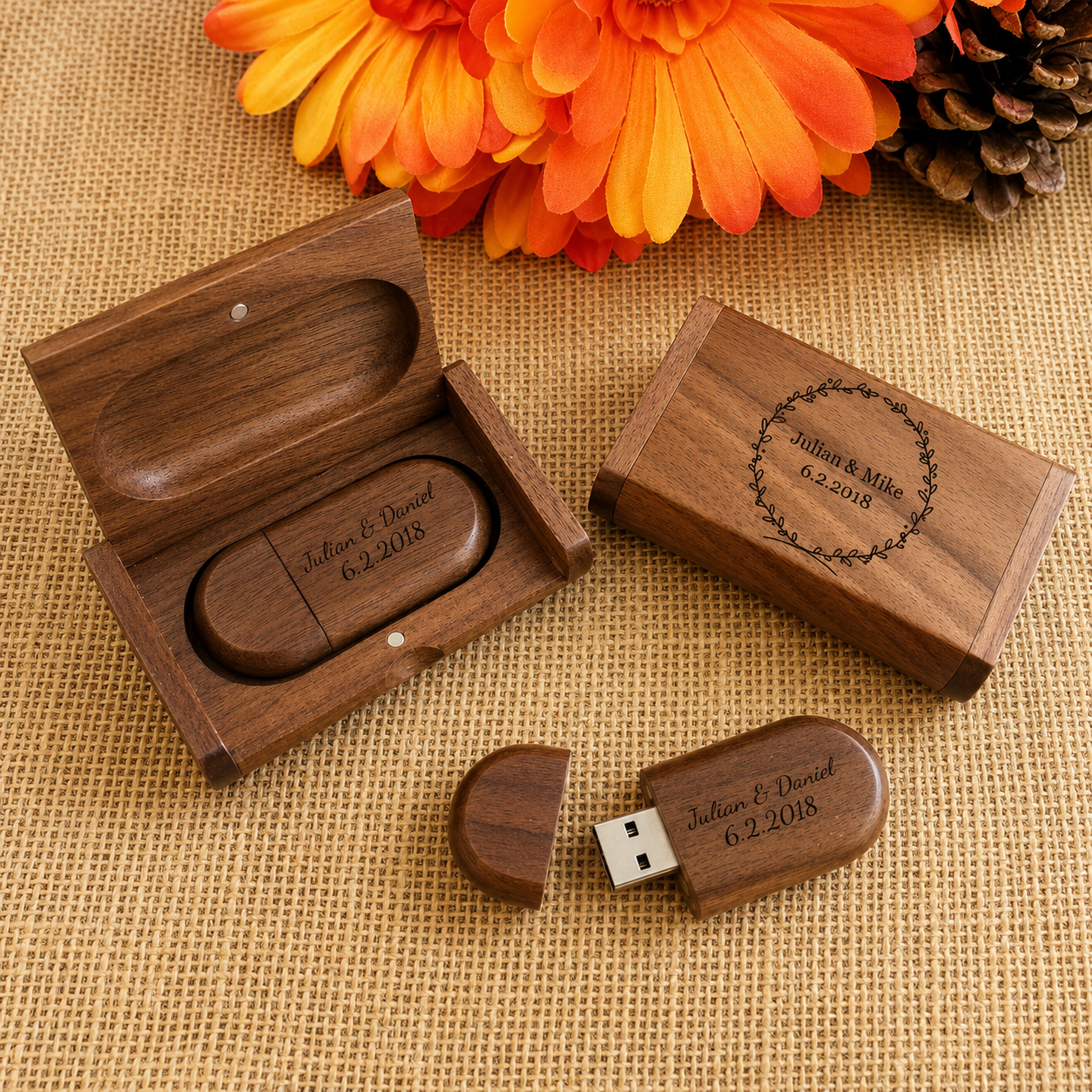 Engraved dark wood USB drives with presentation boxes