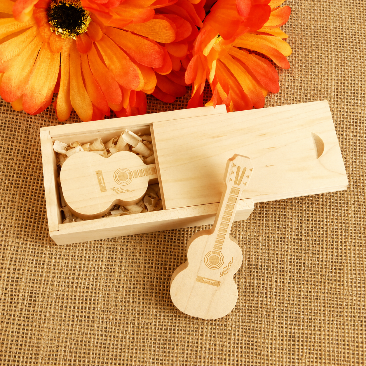 Guitar shaped wooden USB drive with sliding presentation box
