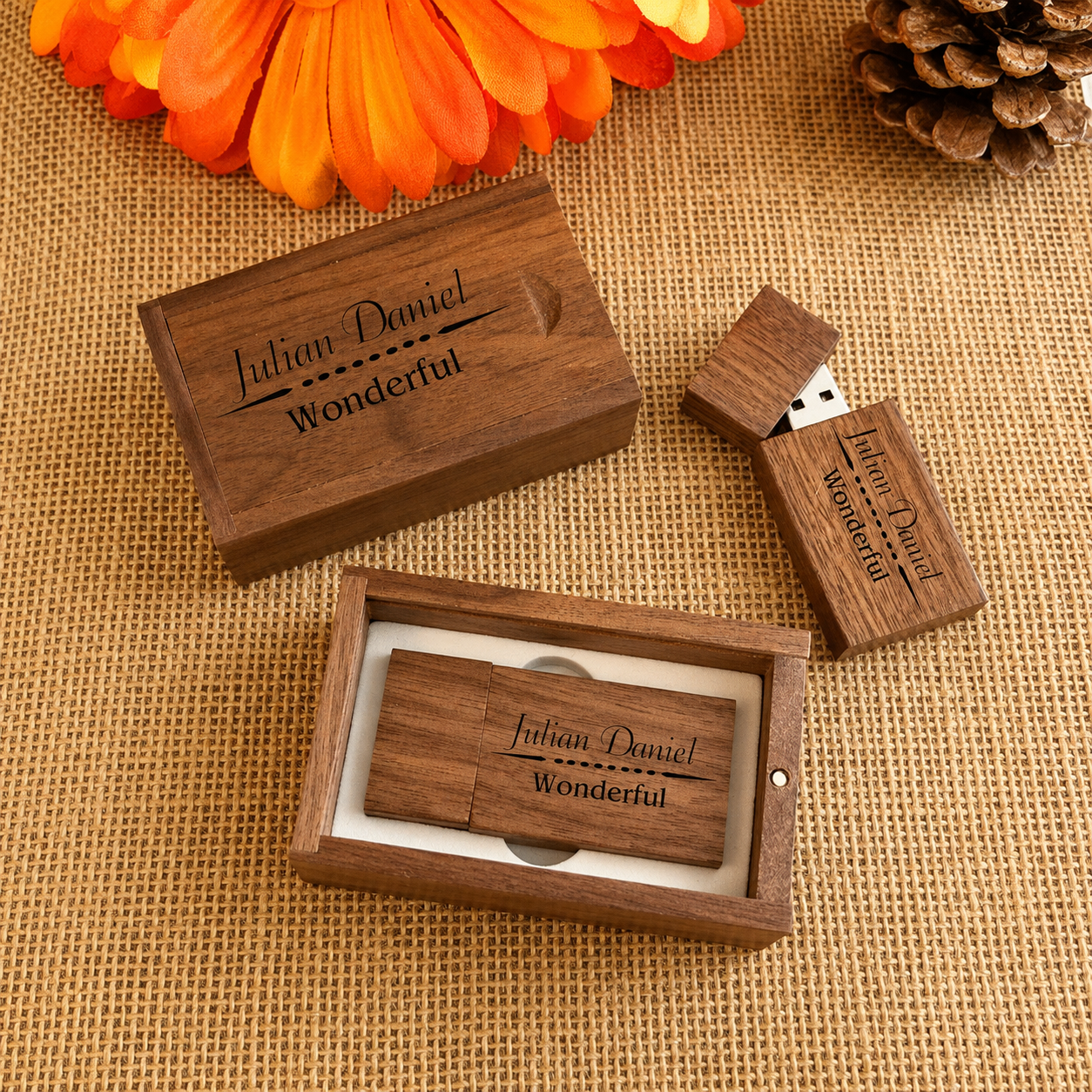 Custom engraved rectangular wooden USB drives and fitted boxes