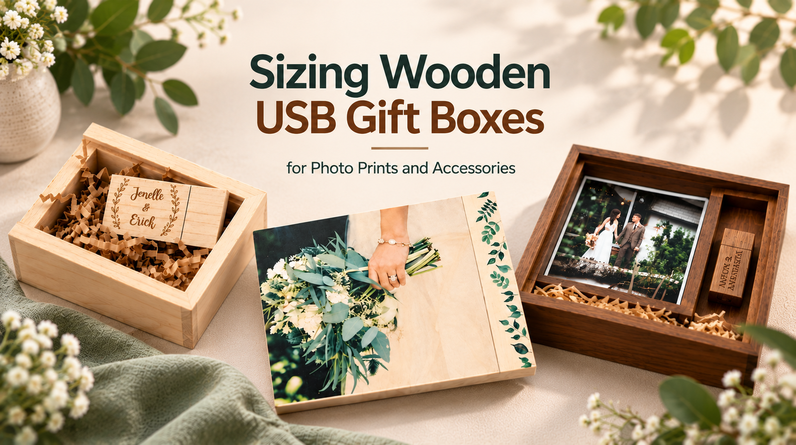 Featured banner for the wooden USB gift box sizing guide: light maple and dark walnut photo boxes with custom engraved USB sticks, sample photo prints and paper fill on a neutral linen background.