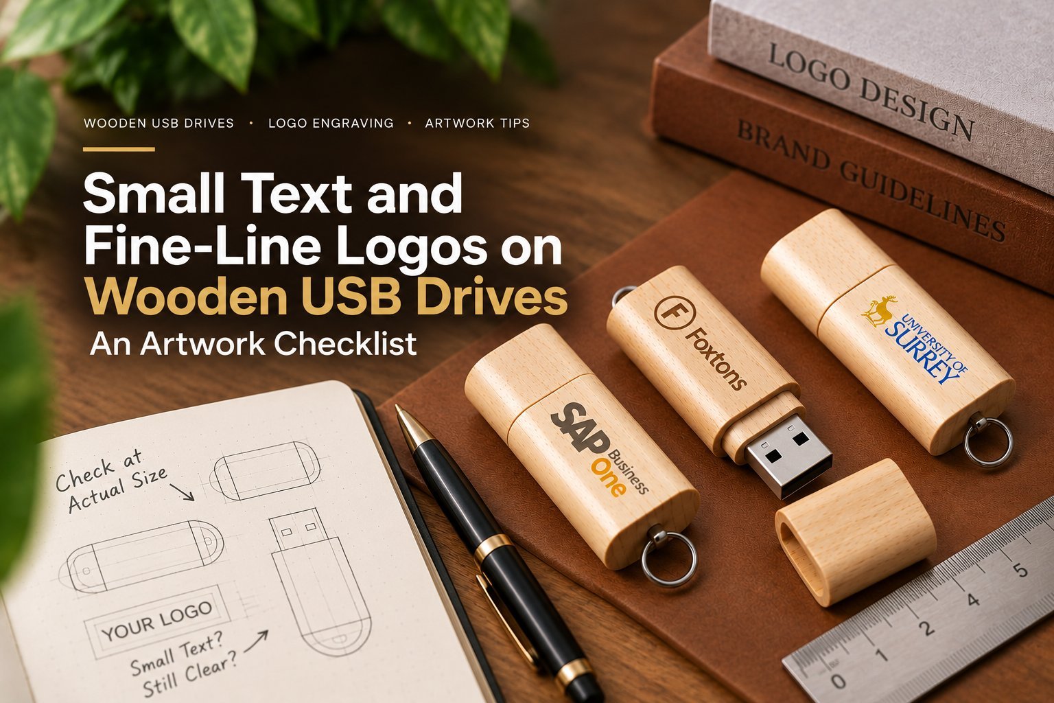 Feature image: wooden USB drives, a notebook sketching Check at Actual Size and a ruler, with the article title overlaid.