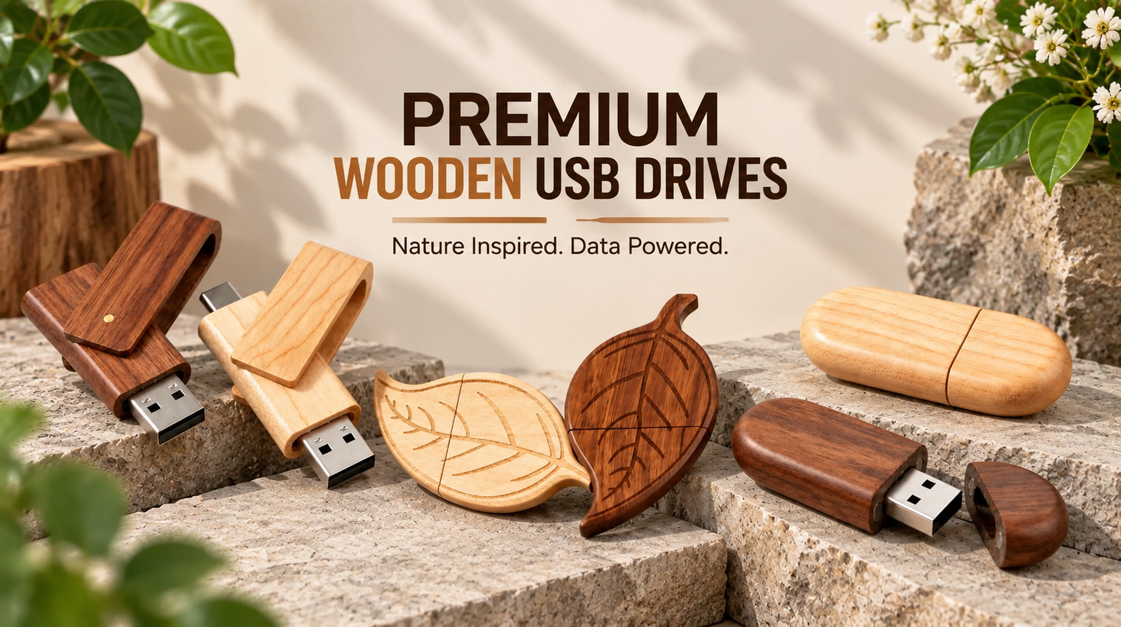 Premium wooden USB drives banner showing swivel, leaf-shape, and oval wooden USB flash drives on stone surface with 'Nature Inspired. Data Powered.' tagline.