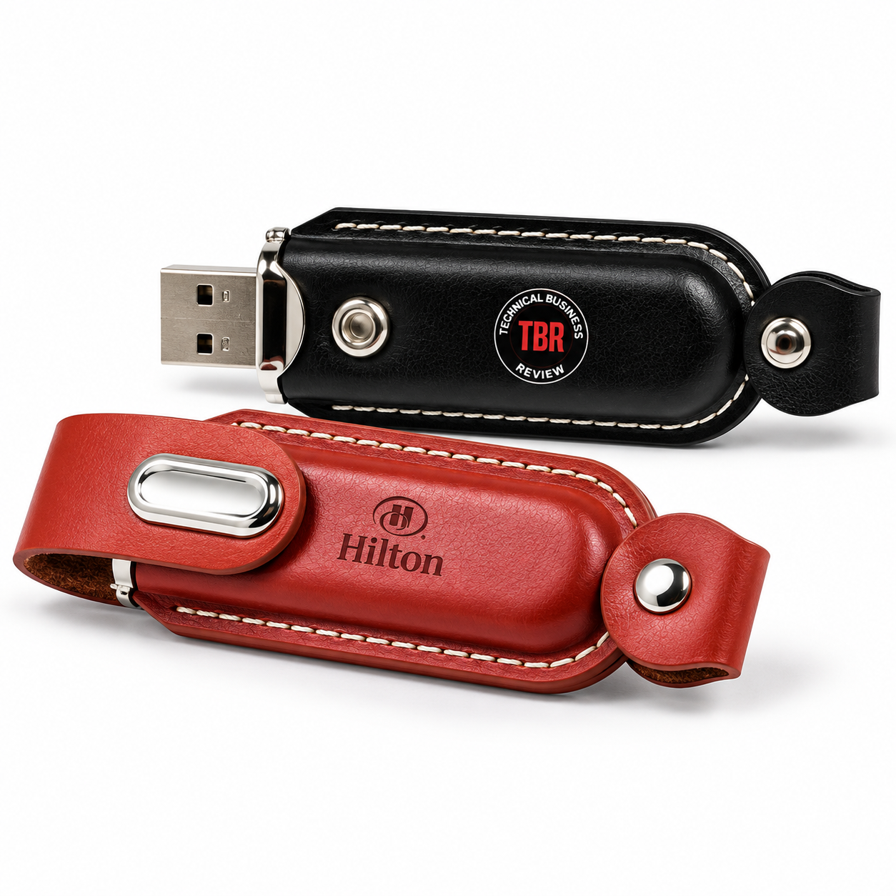 Black and red branded leather USB flash drives with stitched snap closures