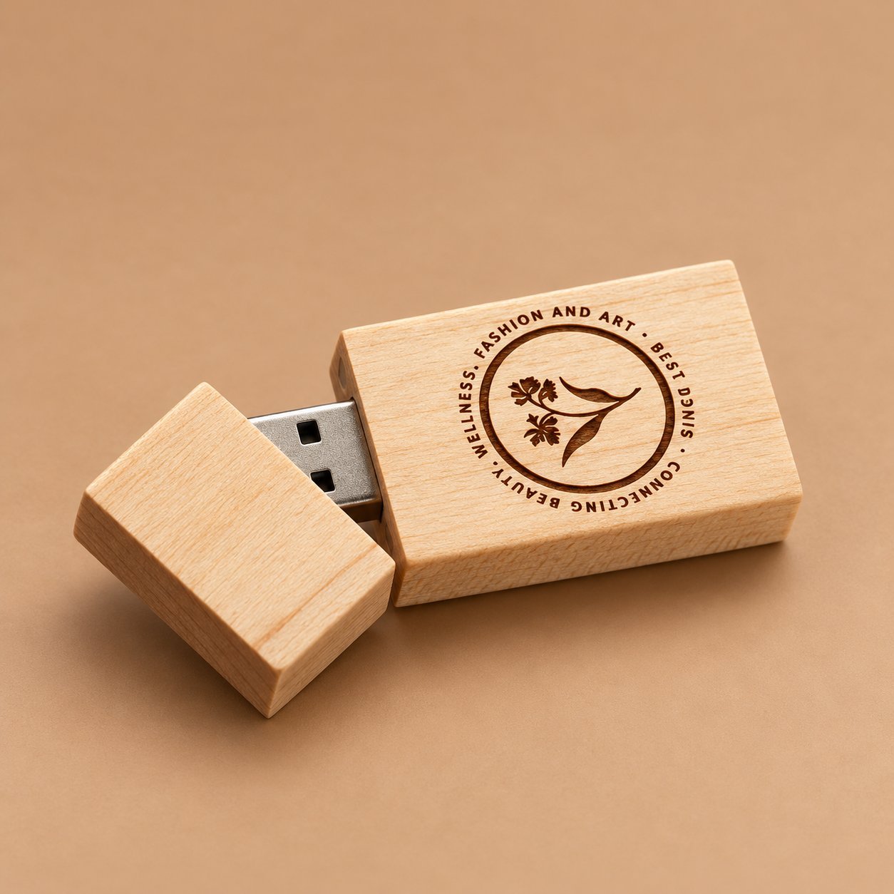 Square wooden USB drive with a round emblem engraved on top reading Wellness, Fashion and Art, Connecting Beauty, showing a circular mark on a small engraving area.