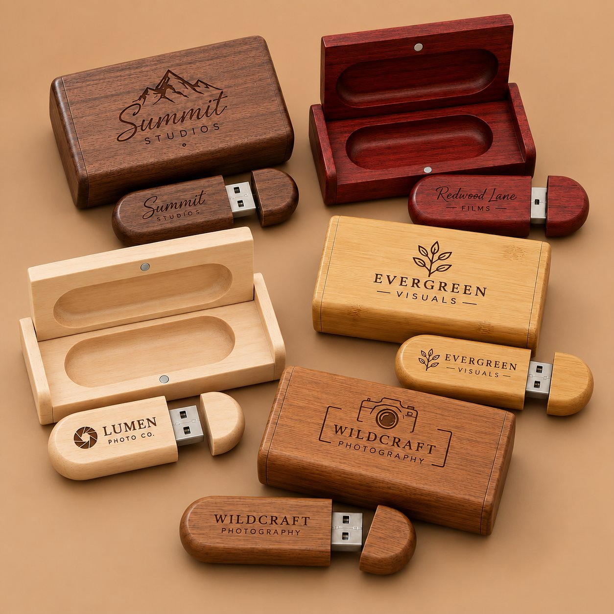 Five brand sets of wooden USB drives with their matching custom wooden boxes: Summit Studios, Redwood Lane Films, Evergreen Visuals, Lumen Photo Co. and Wildcraft Photography, showing how packaging can be paired with the drive inside.
