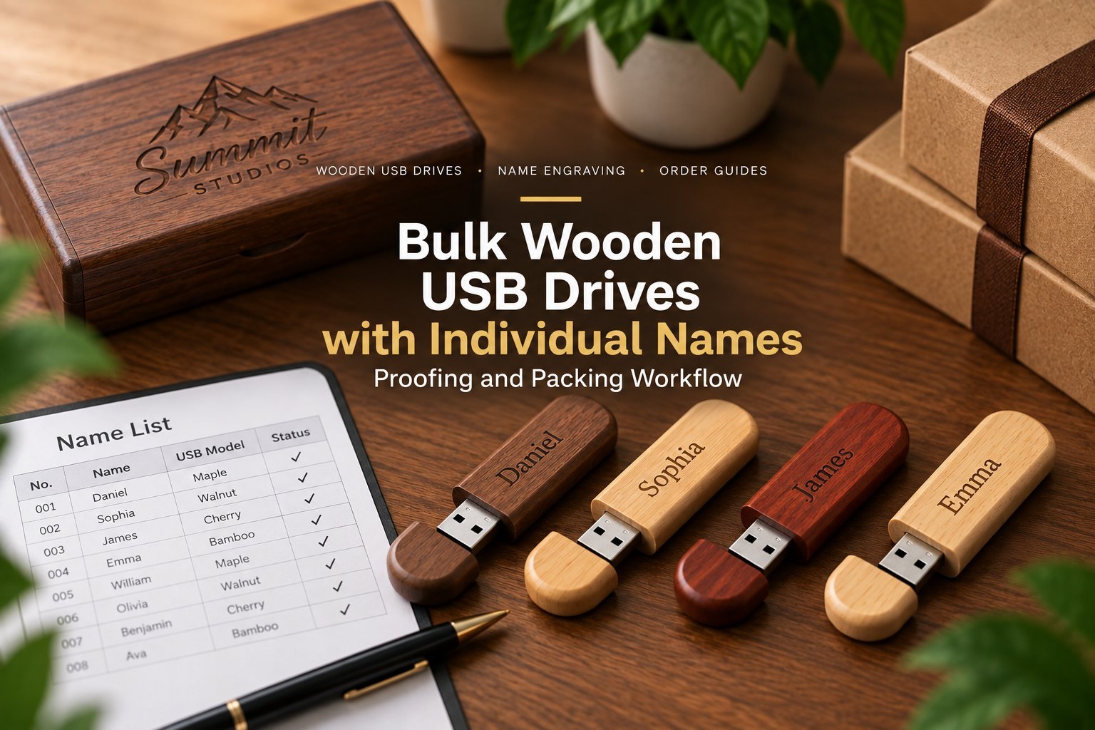 Feature image: four wooden USB drives engraved with the names Daniel, Sophia, James and Emma, alongside a printed name list spreadsheet on a wooden desk, with the article title overlaid.