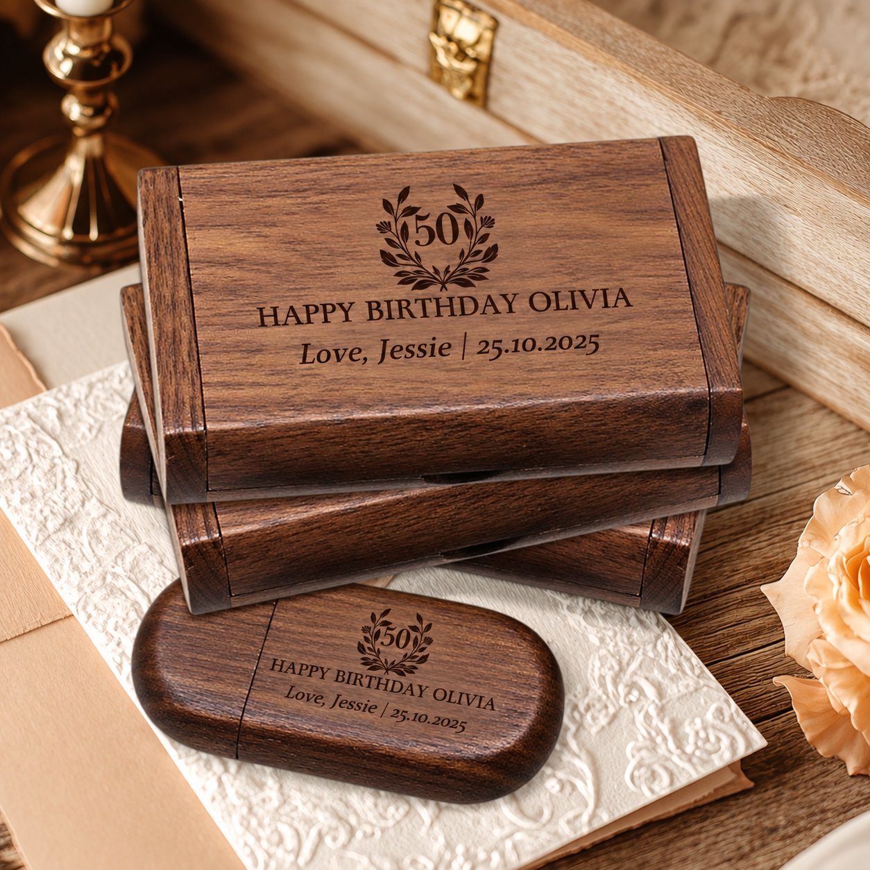 Multiple walnut wooden USB gift boxes engraved with birthday recipient name and date, stacked to show the typical stacking pattern used when packing wooden USB orders into master shipping cartons.