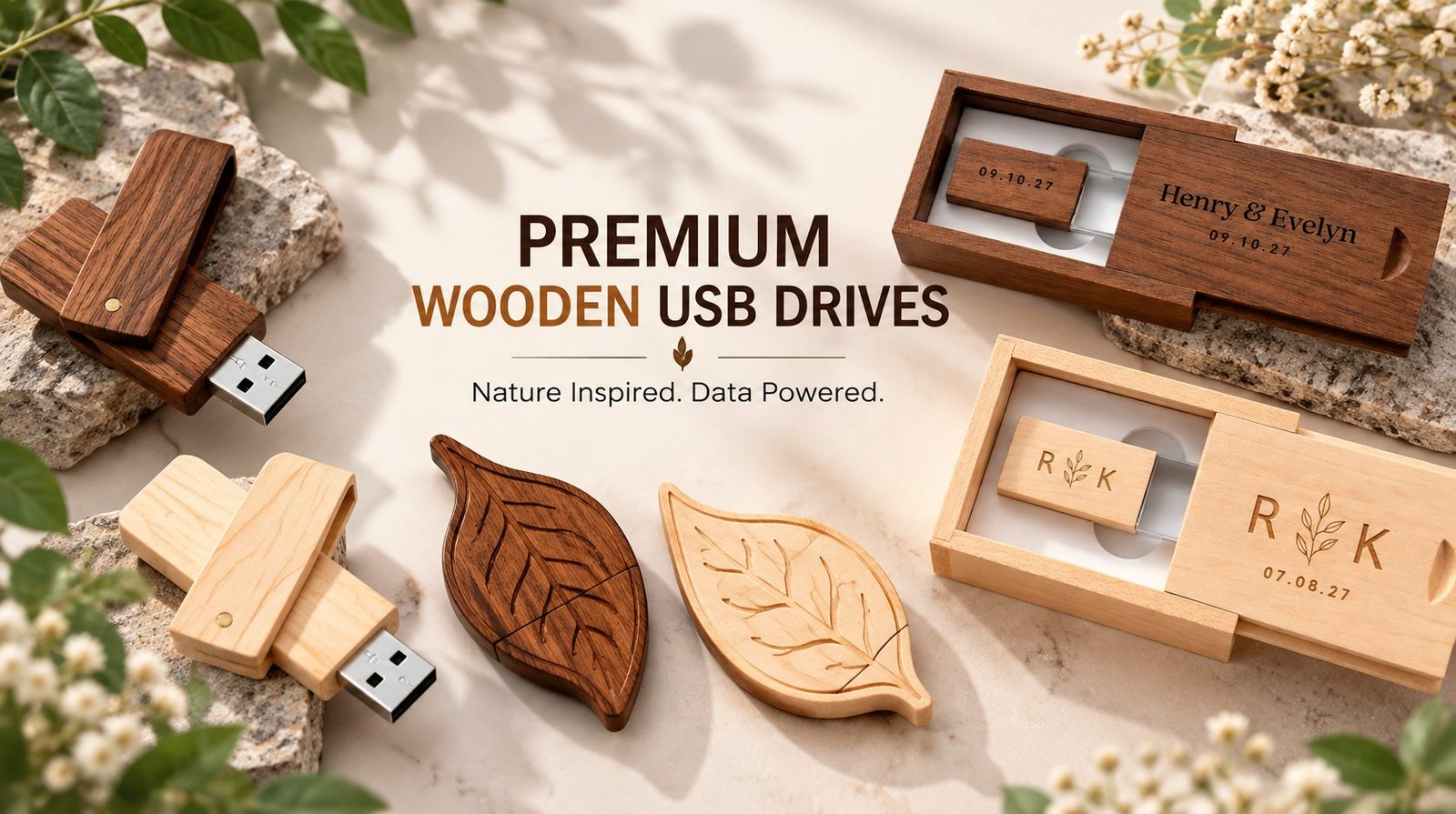 Premium wooden USB drives product range with engraved logos, sliding walnut and maple gift boxes, and natural leaf shapes displayed with the brand banner.