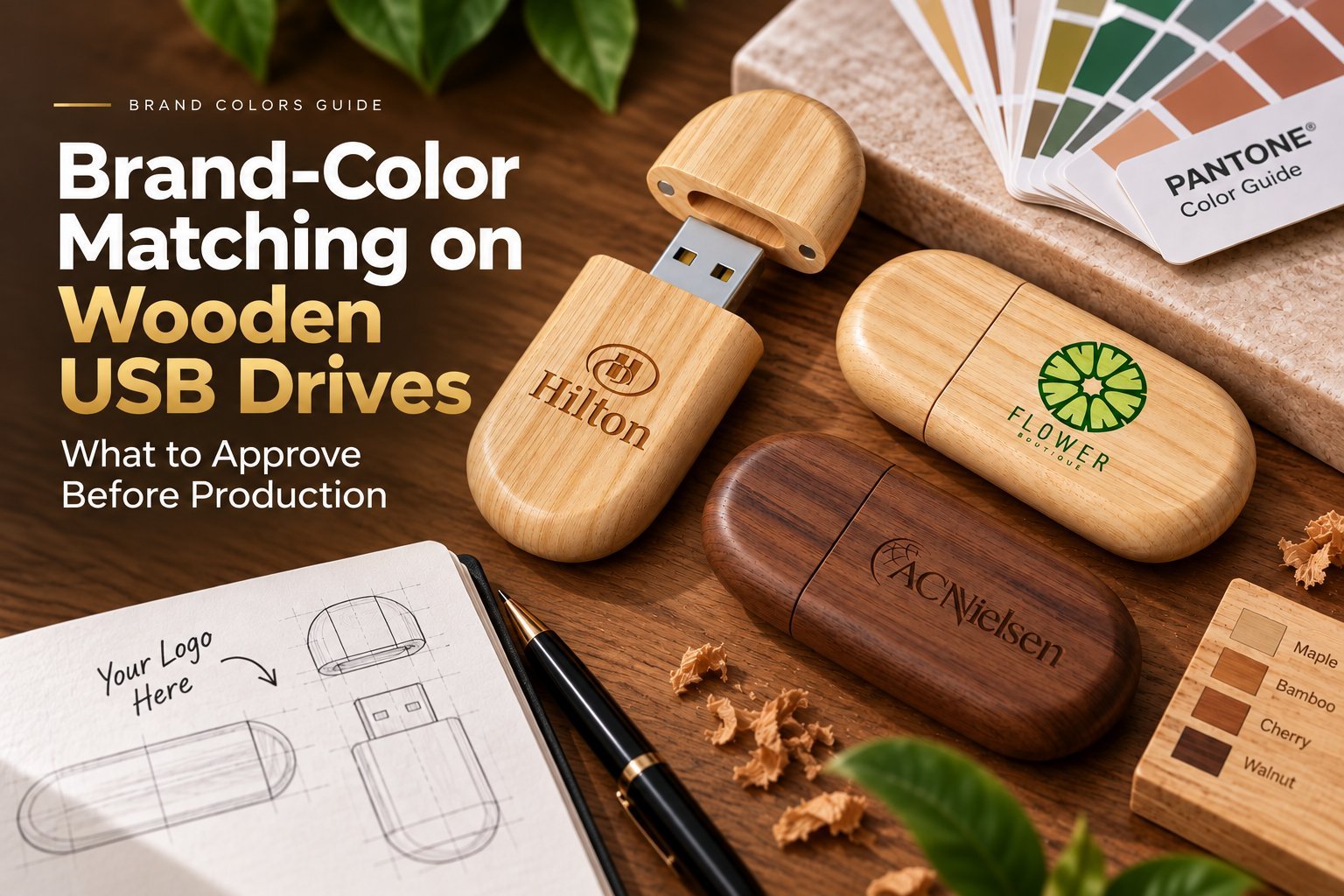 Composite header showing Pantone color guide, wooden USB drives with corporate logos, and wood species samples (maple, bamboo, cherry, walnut)