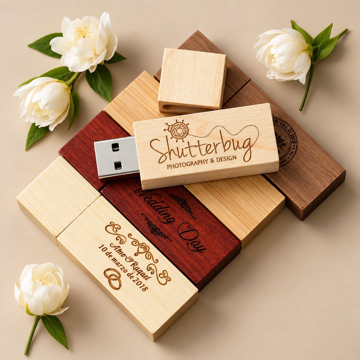 Wooden USB drive boxes engraved with Shutterbug Photography and Design and Wedding Day names, in light and dark wood tones