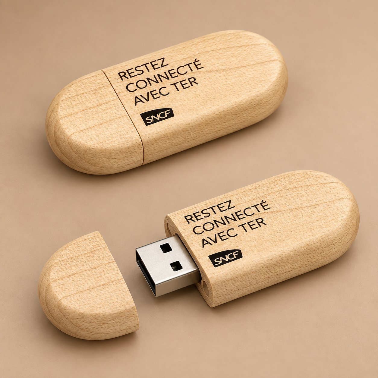 Light maple wooden USB drive engraved with RESTEZ CONNECTE AVEC TER and SNCF logo, swivel cap shown separately