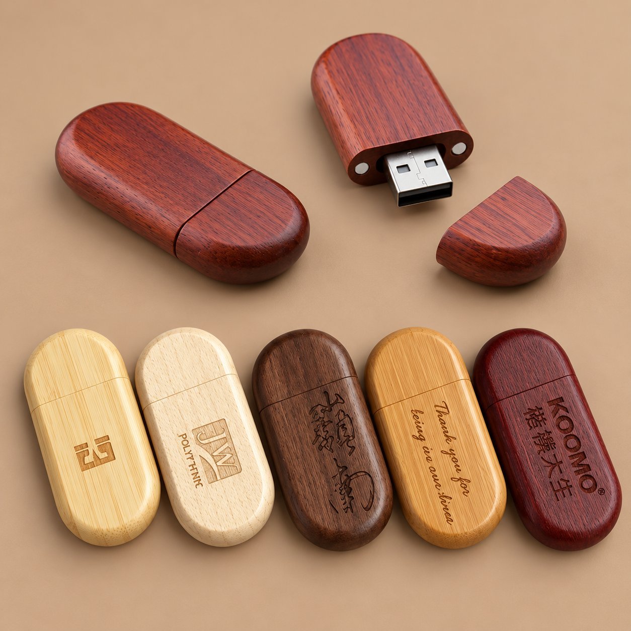 Wooden USB drives in rosewood, walnut and maple finishes engraved with various corporate logos including UM Polythene and KOOMO