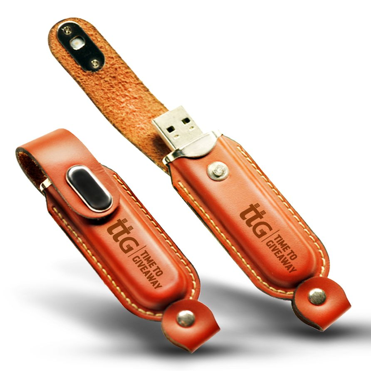 Two brown custom leather USB drives showing logo branding and snap closures