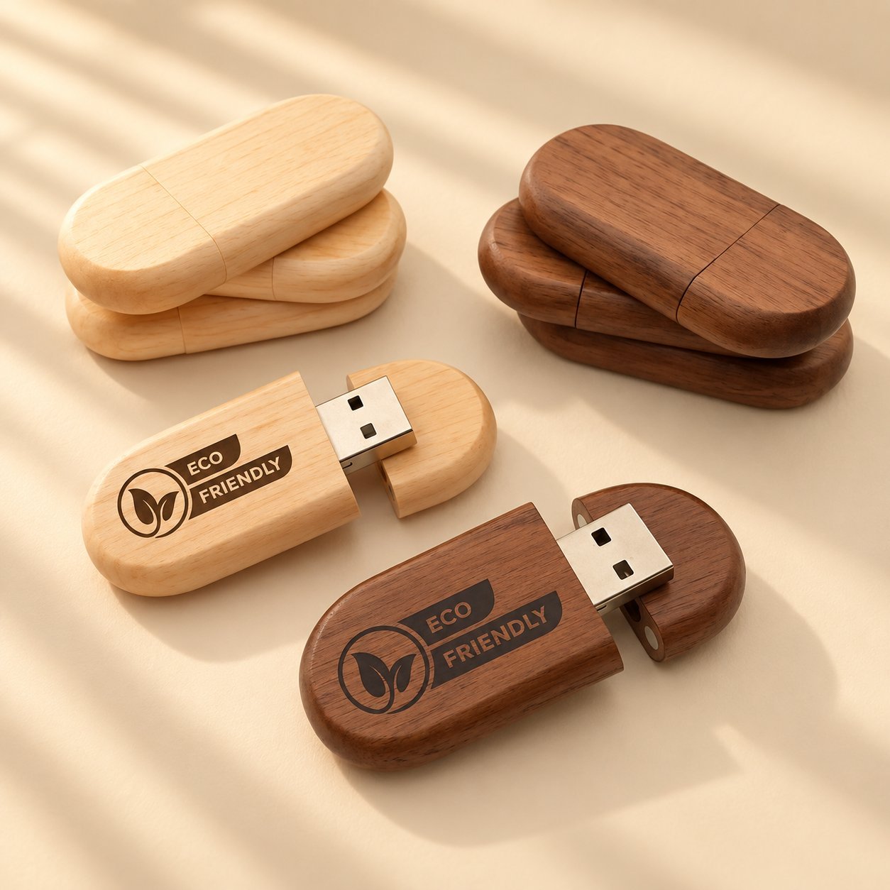 Açık akçaağaç ve koyu ceviz kaplamalı iki çift ahşap USB bellek; her çift, kimyasal mürekkepler olmadan markalamanın bir ahşap kasaya doğrudan nasıl uygulandığını gösteren ECO FRIENDLY yaprak logosuyla lazer kazınmıştır.