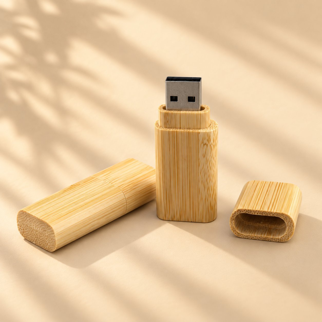 Görünür bambu dokulu, doğal bambudan üç silindirik USB bellek; bambu kasalarının karakteristik soluk dikey liflerini ve kapağın gövdeden ayrılıp USB konnektörünü nasıl ortaya çıkardığını gösterir.