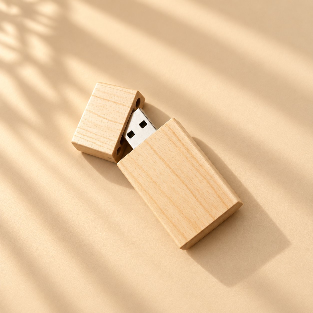 Kapağı çıkarılmış tek açık akçaağaç ahşap USB bellek; kasanın içindeki metal USB-A konnektörünü ortaya çıkararak, çevre dostu kasalı bir sürücünün dahili elektroniklerinin standart bir USB bellekle aynı olduğunu gösterir.