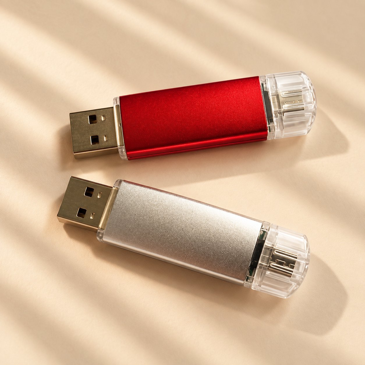 Dua pemacu USB tersuai siap (satu badan aluminium merah, satu badan aluminium perak) dengan penutup dibuang, menunjukkan hujung penyambung USB-A.